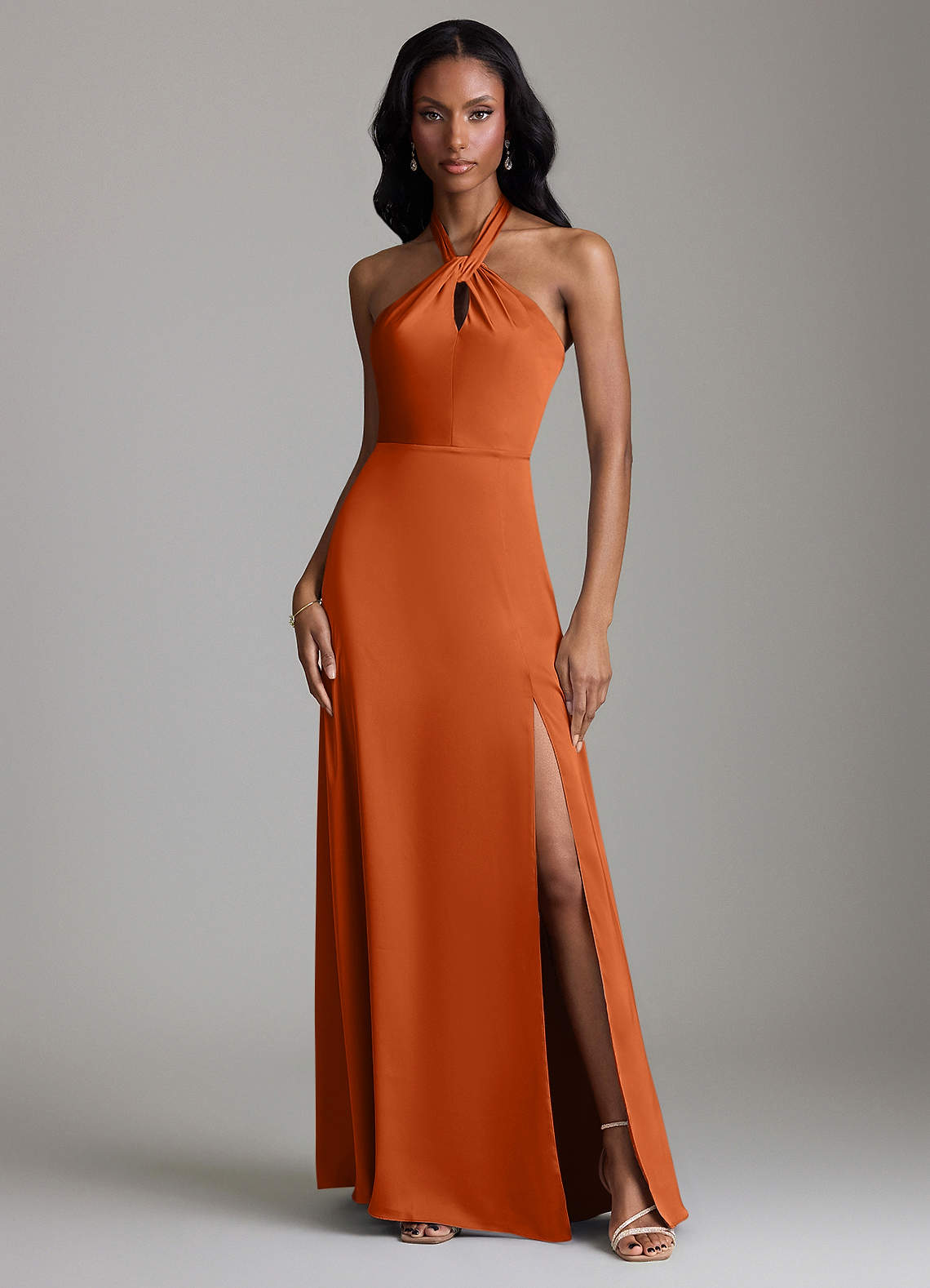 Azazie Tracie Bridesmaid Dresses Burnt Orange A-Line Side Slit Stretch Satin Dress image1