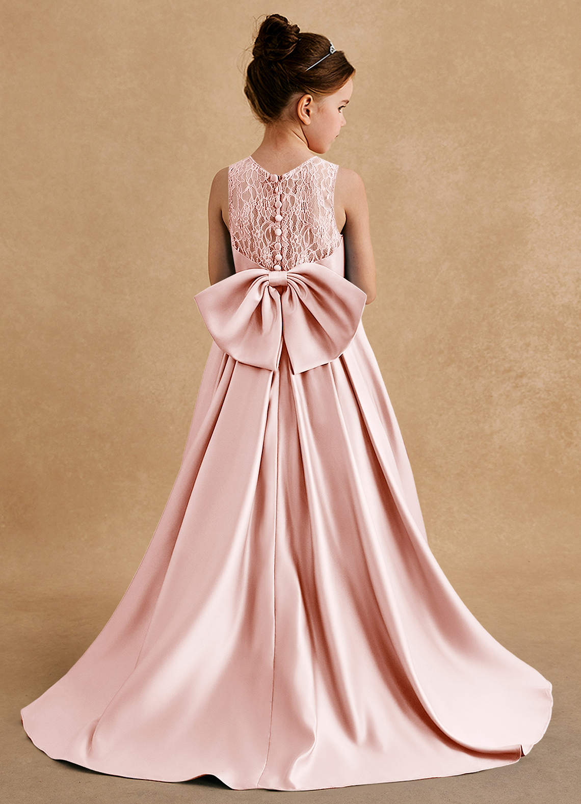 Azazie Sammy Flower Girl Dresses Blushing Pink A-Line Lace Matte Satin Dress image1