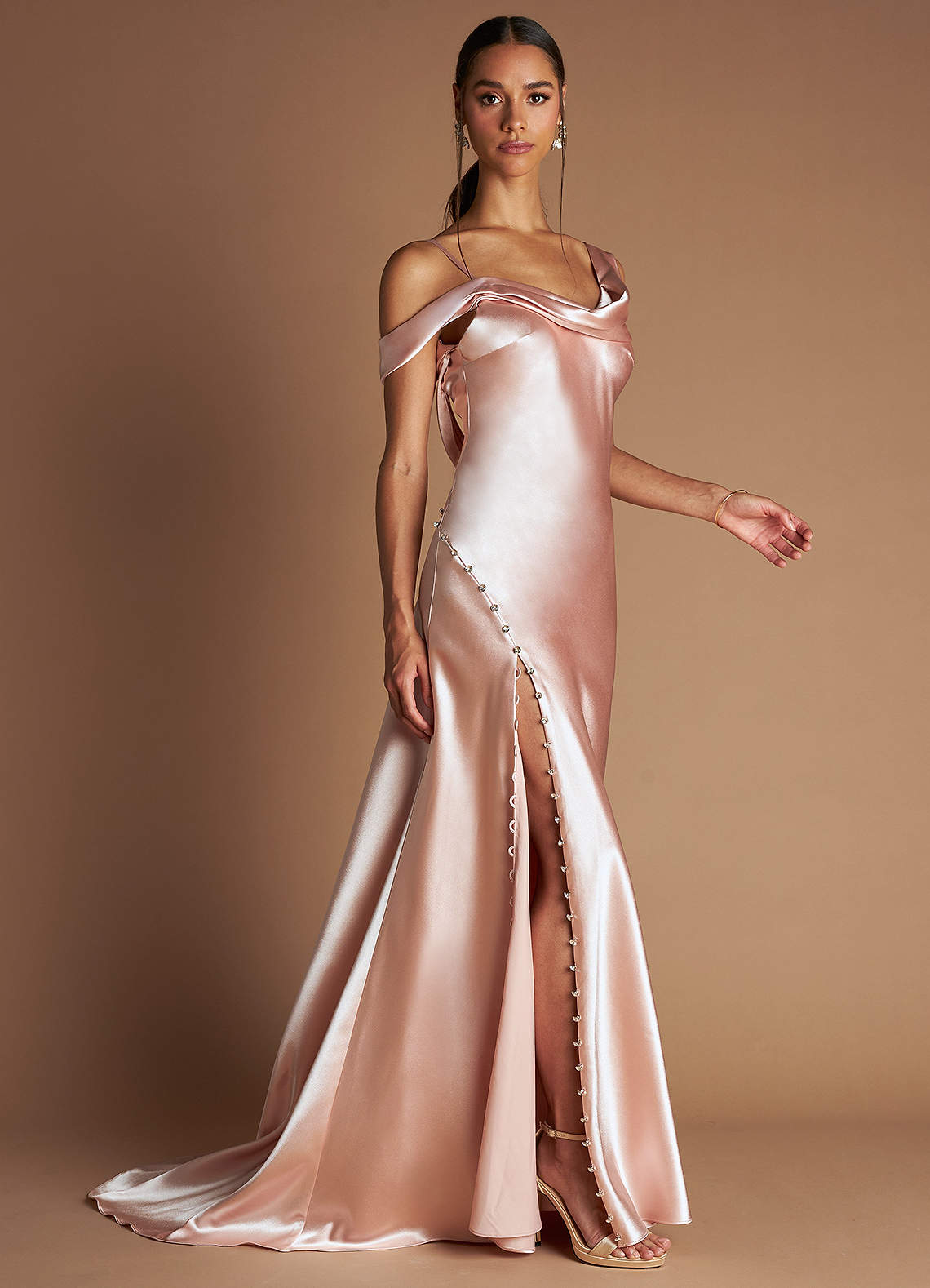 blush pink satin dress Silk Maxi | Elegant Long Sleeve Slip Dress | Minimalist Wedding Guest Dress adding a whimsical touch to the otherwise sleek silhouette Blush Pink Dress - Satin