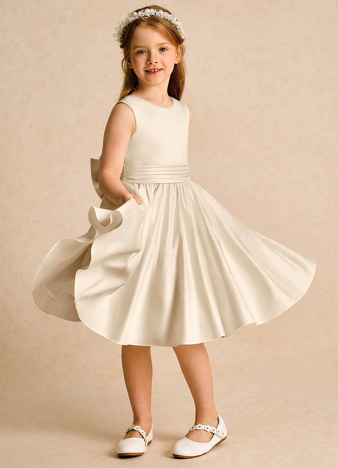 Azazie Sosie Flower Girl Dresses Champagne Champagne A-Line Pleated Matte Satin Dress image4