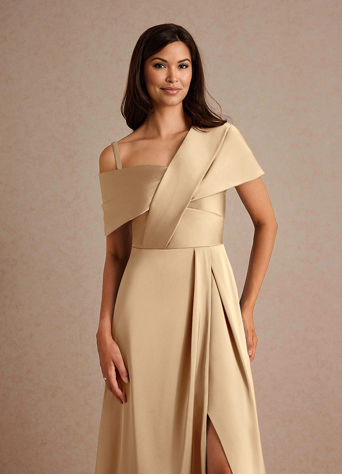 Azazie Milton Mother of the Bride Dresses Champagne A-Line Pleated Stretch Satin Dress image2