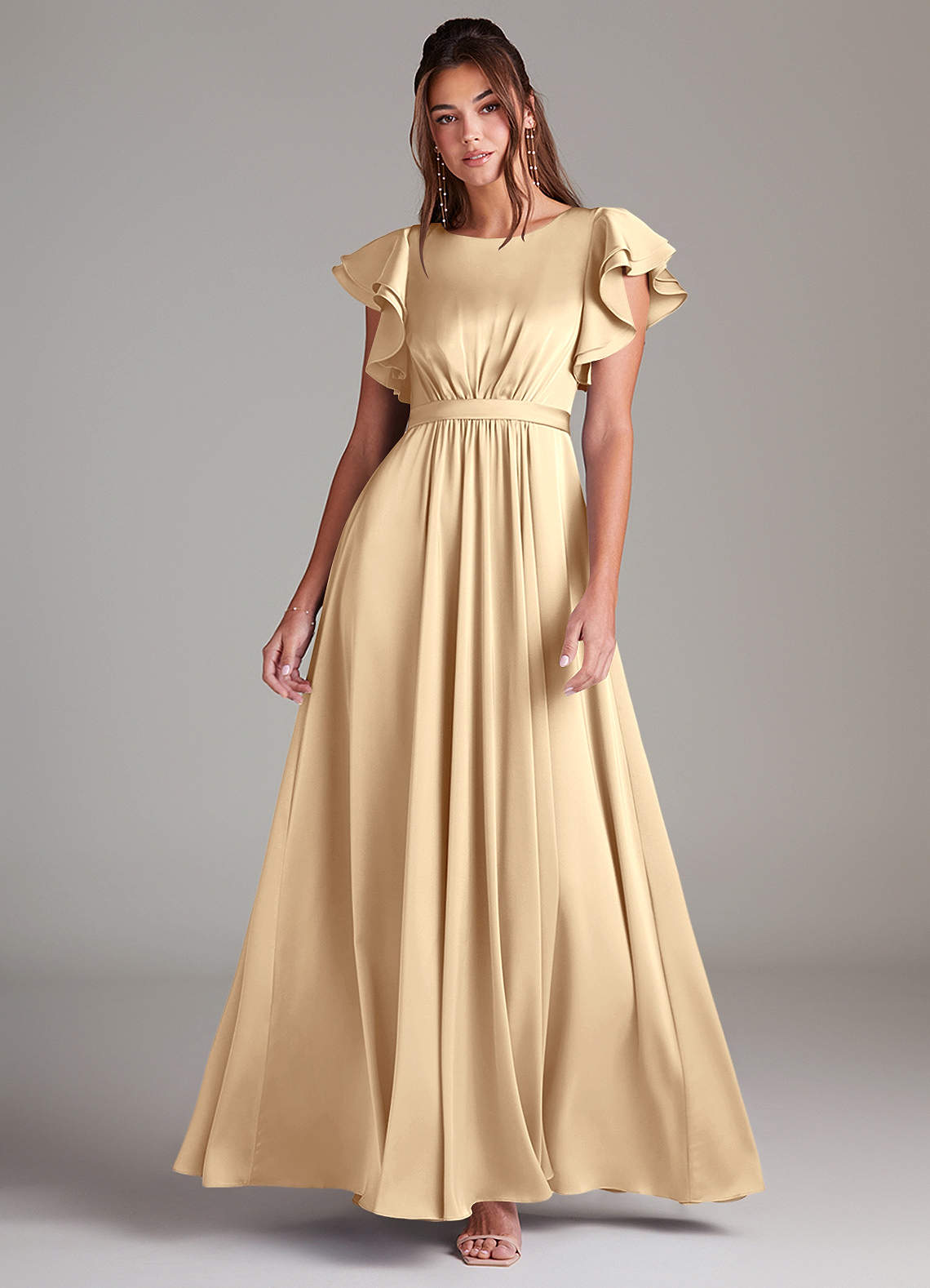 Ruched Waist Cascading Ruffles Satin Beige Dress Ruched Waist Cascading Ruffles Satin Beige Dress