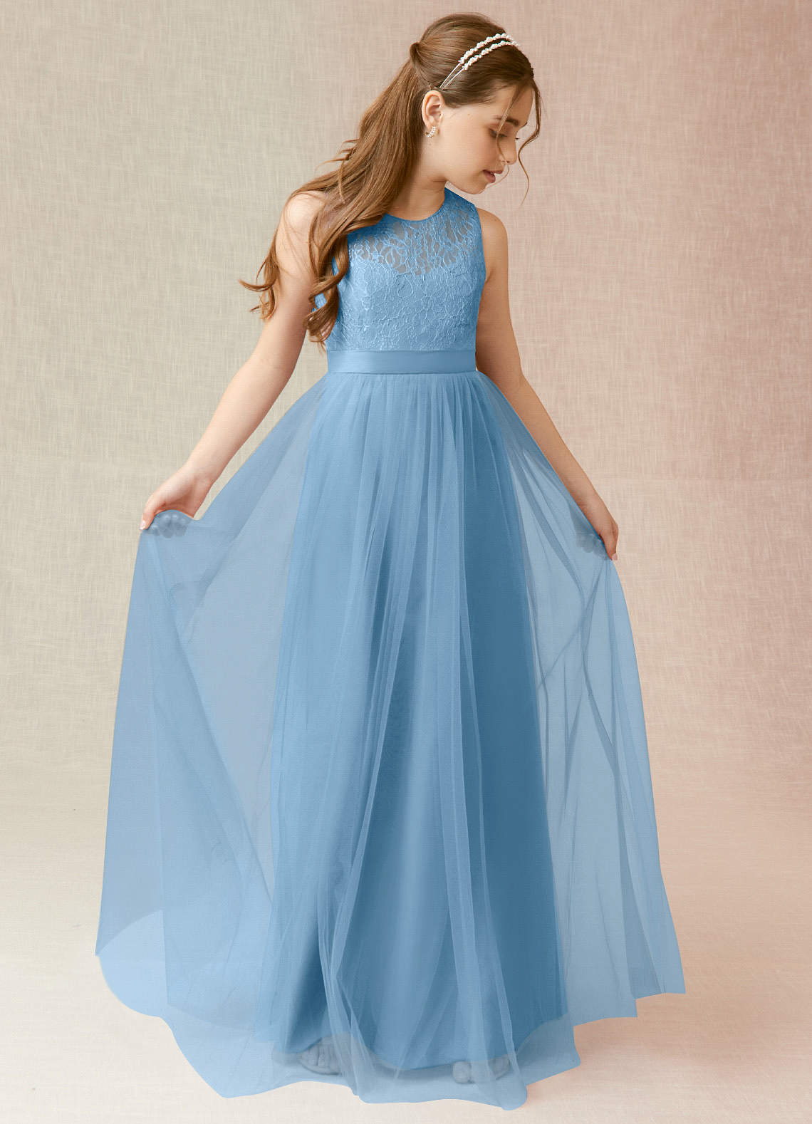 Azazie Georgette Junior Vestido de Azul Acero de Tul de Corte En A con Encaje image1