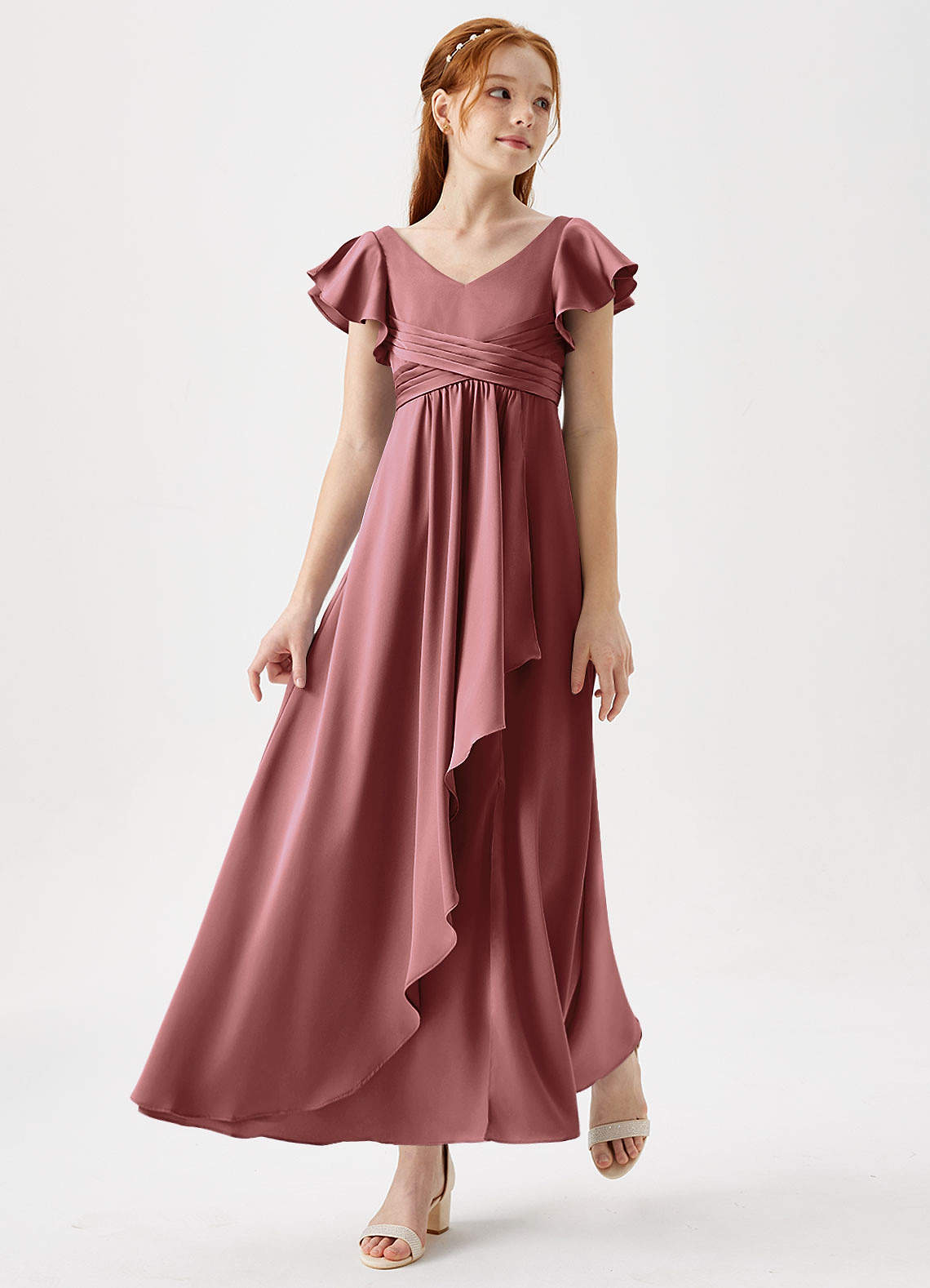 Azazie Omari Junior Vestido de Amatista de Satén Elástico de Corte en A con Plisado image1