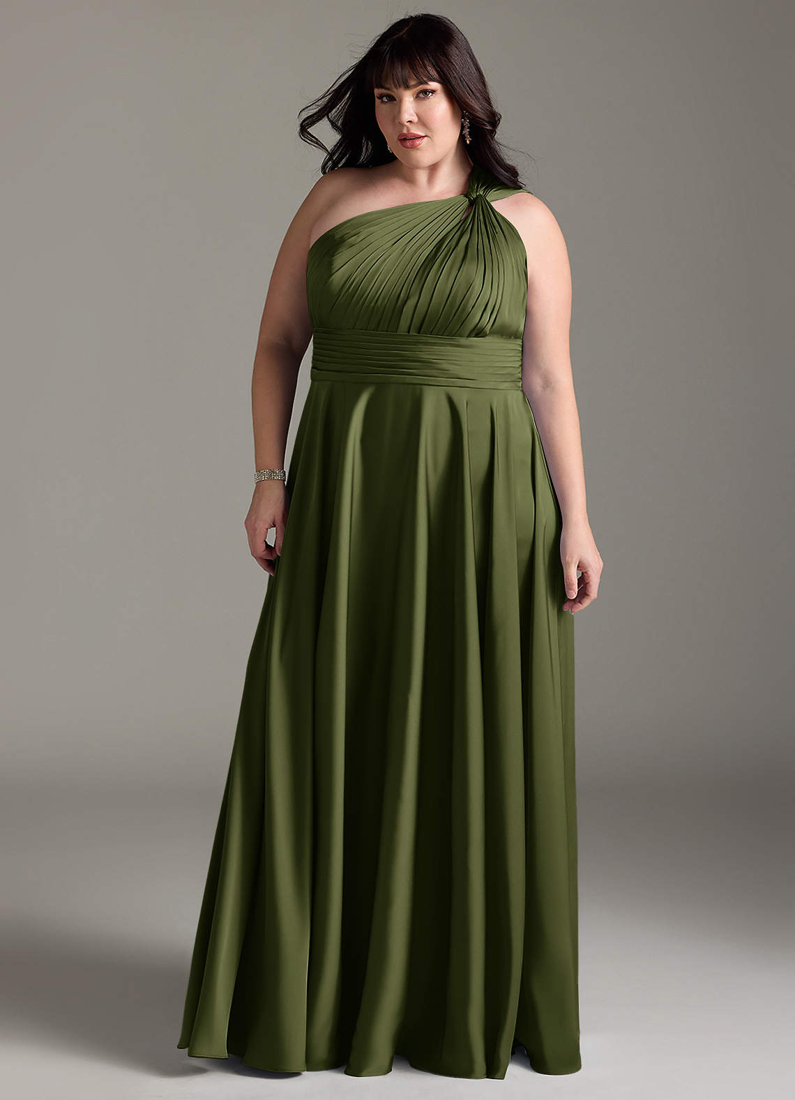 Azazie Charlize Bridesmaid Dresses Olive A-Line One Shoulder Stretch Satin Dress image12