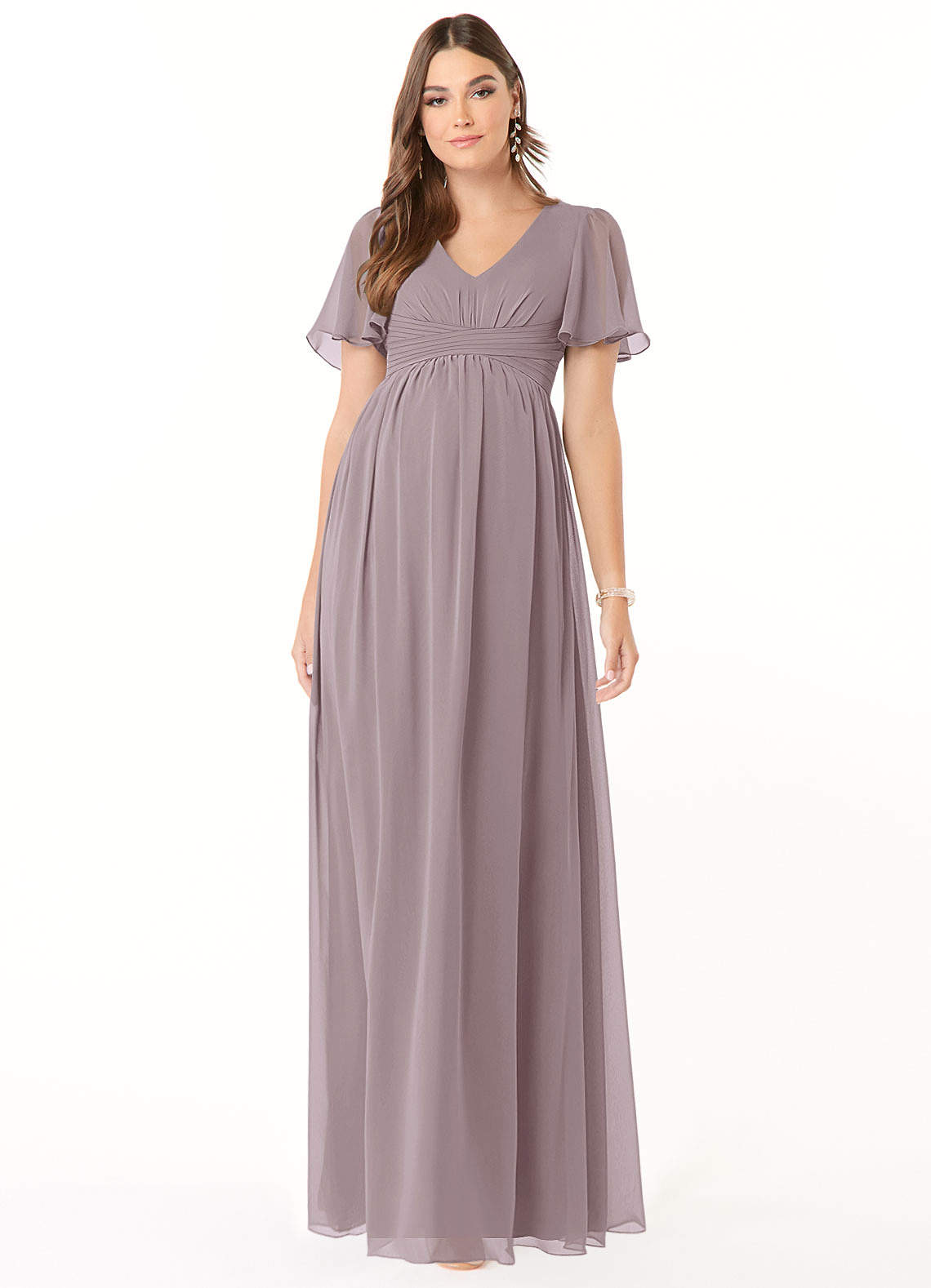 Azazie Verna Robes de demoiselle d'honneur de maternité Robe Trapèze Col V froncé Longueur ras du sol Mousseline de soie image1