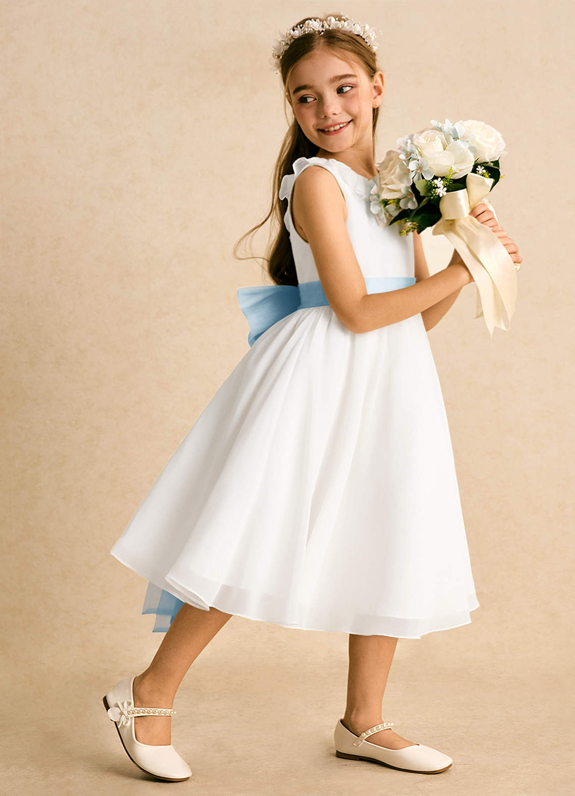 Azazie Dani Blumenmädchenkleider A-Linie Schleifen Chiffon Kleid Elfenbein Himmelblau image2