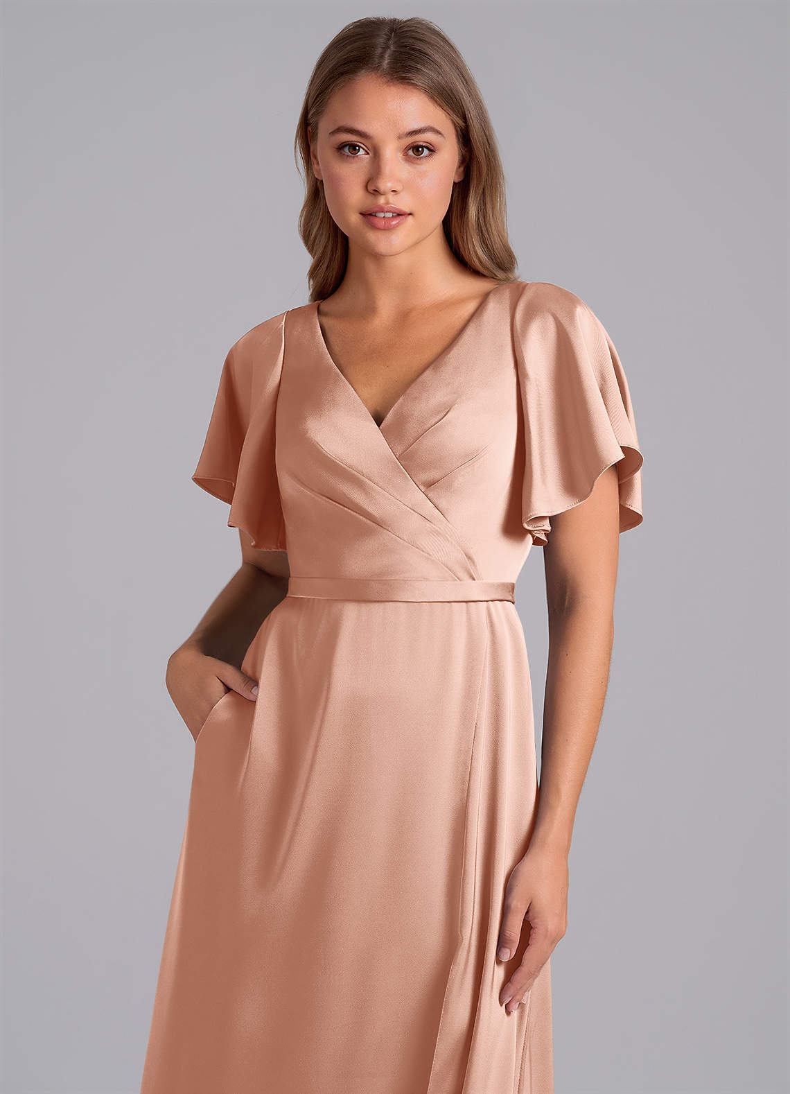 satin pleated bridesmaid dress Azazie Sheath Halter Neck Floor-Length Stretch Satin Bridesmaid Dresses