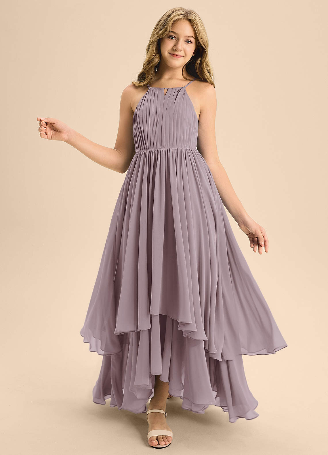 Azazie Elliora Junior A-Linie Plissee Chiffon Kleid Dämmerung image1