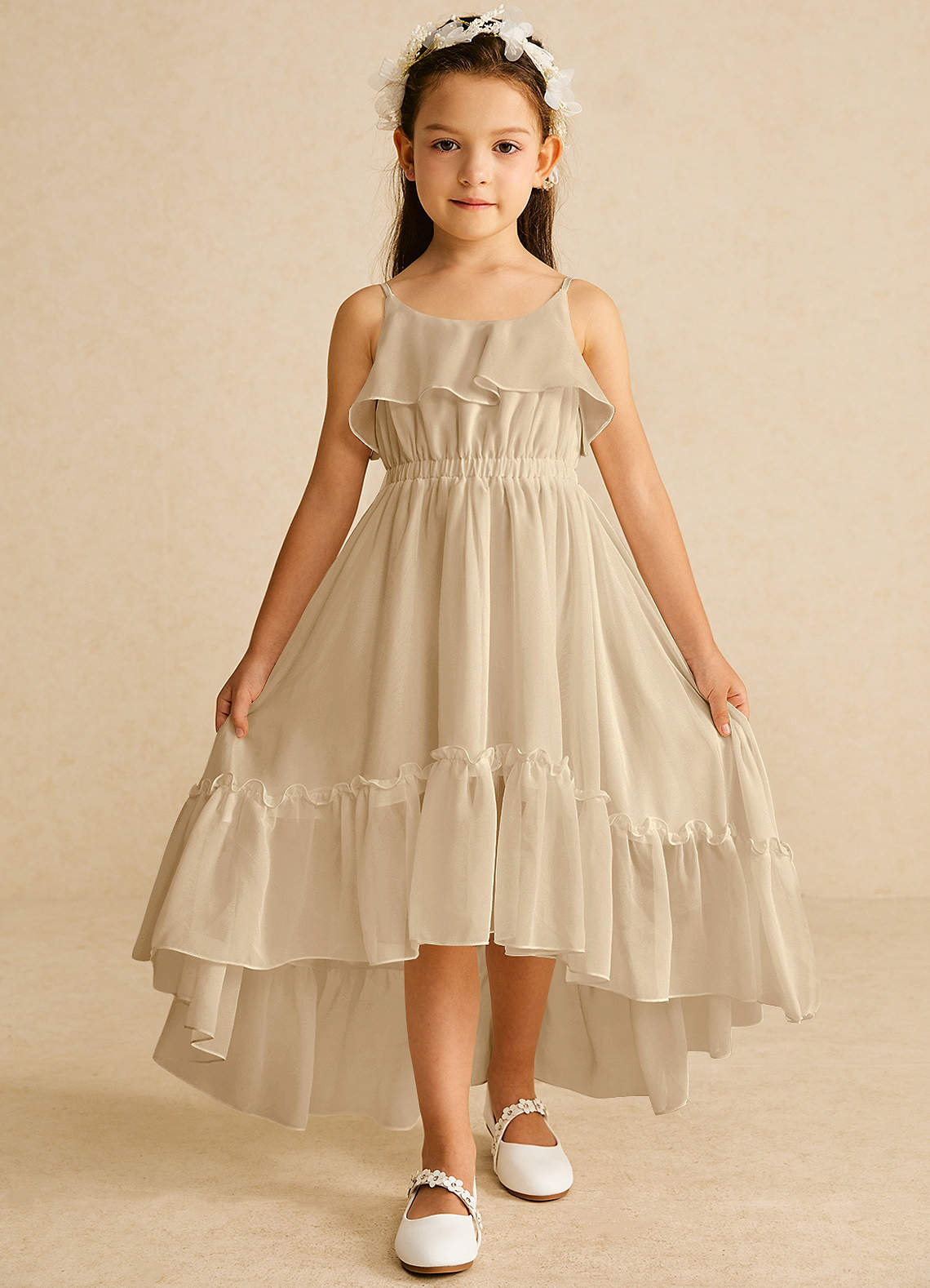 Azazie Karmen Flower Girl Dresses Champagne A-Line Ruched Chiffon Dress image1