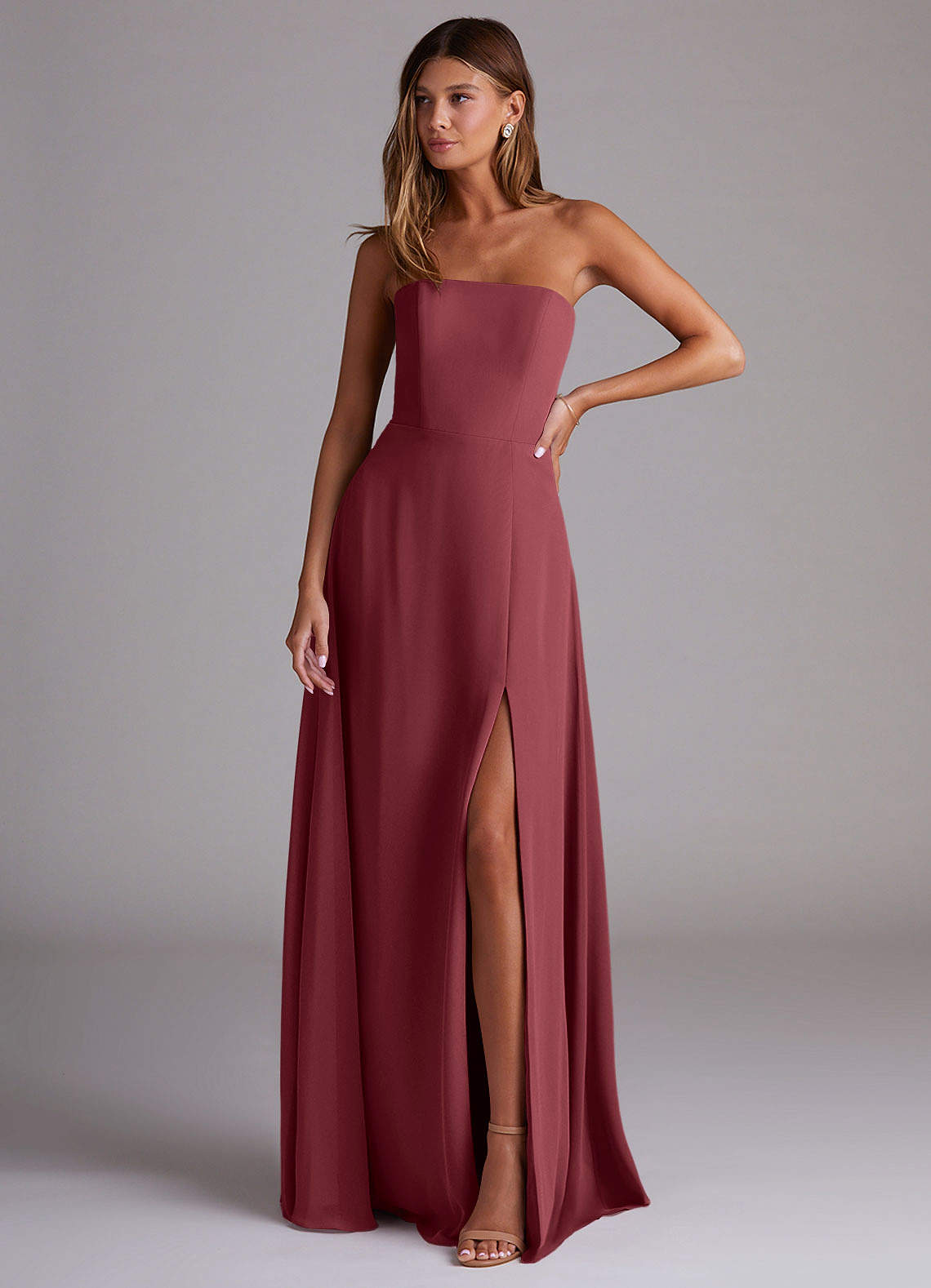 Azazie Wren Bridesmaid Dresses Merlot A-Line Side Slit Chiffon Convertible Dress image1