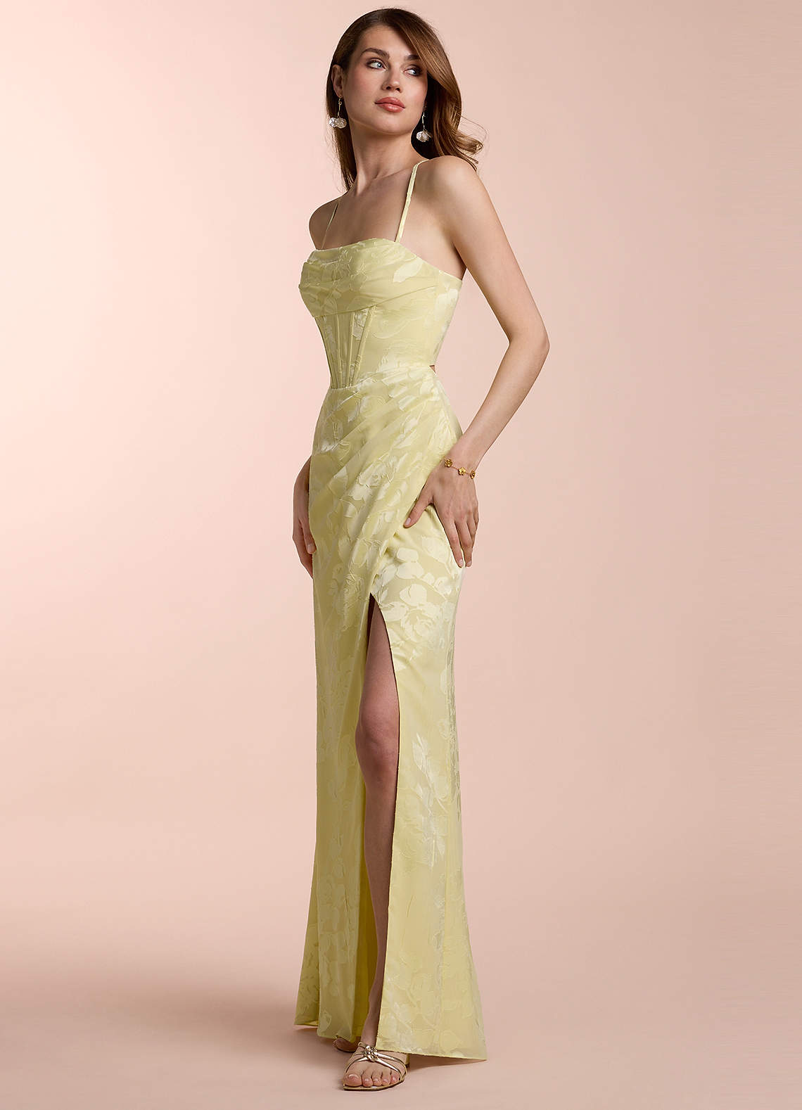 slim fit dress slacks Strapless Yellow Ruffled Hem Long Dress with Slit – PollyBoutique main image 0