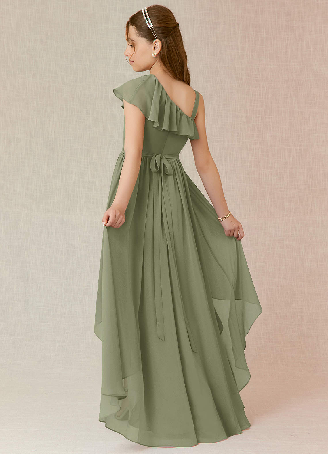 Azazie A-Line/Princess One-Shoulder Asymmetrical Chiffon Junior Bridesmaid Dresses - Pistachio