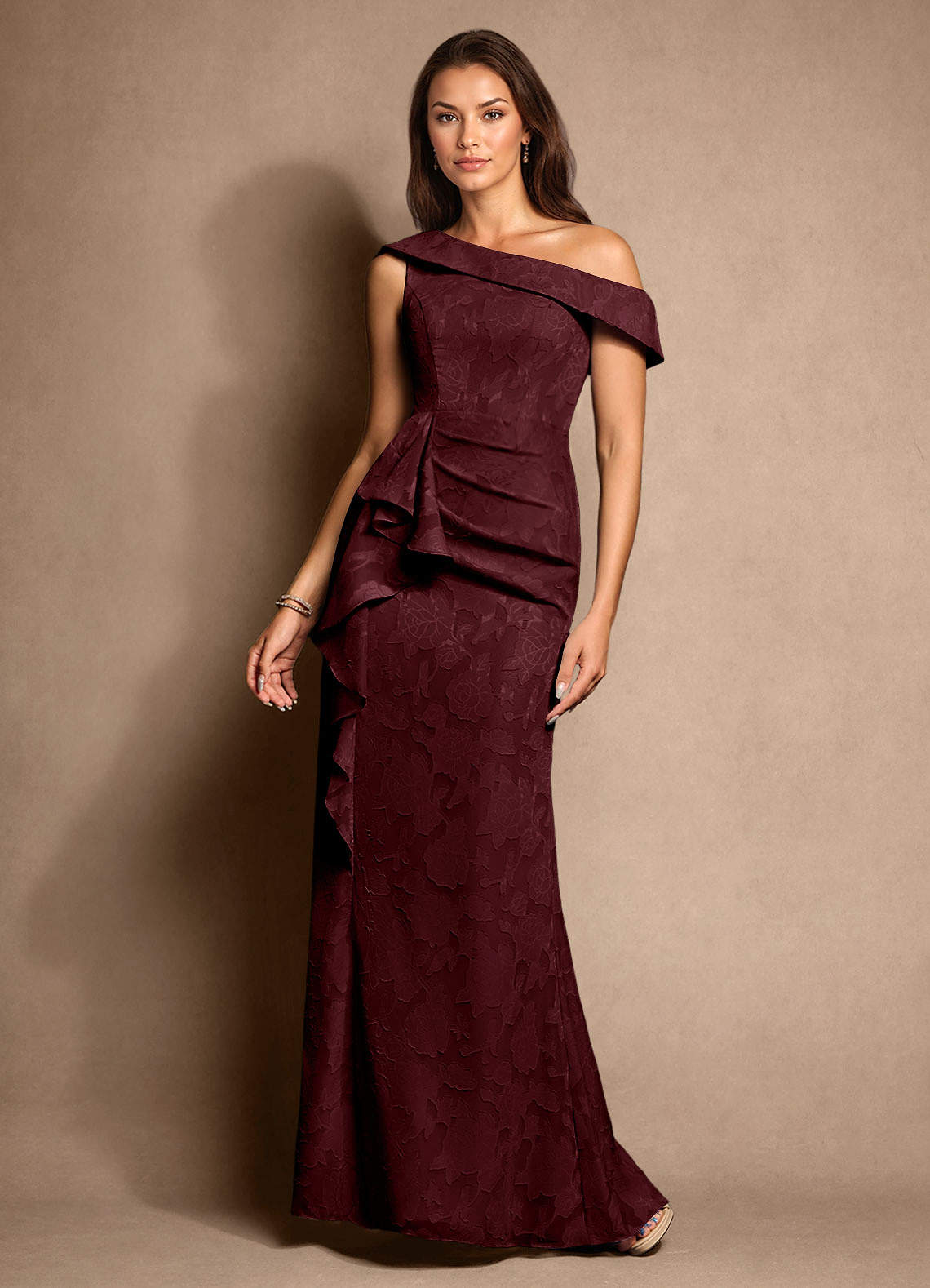 Azazie Hamptons Mother of the Bride Dresses Cabernet A-Line Pleated Floral Burnout Dress image1