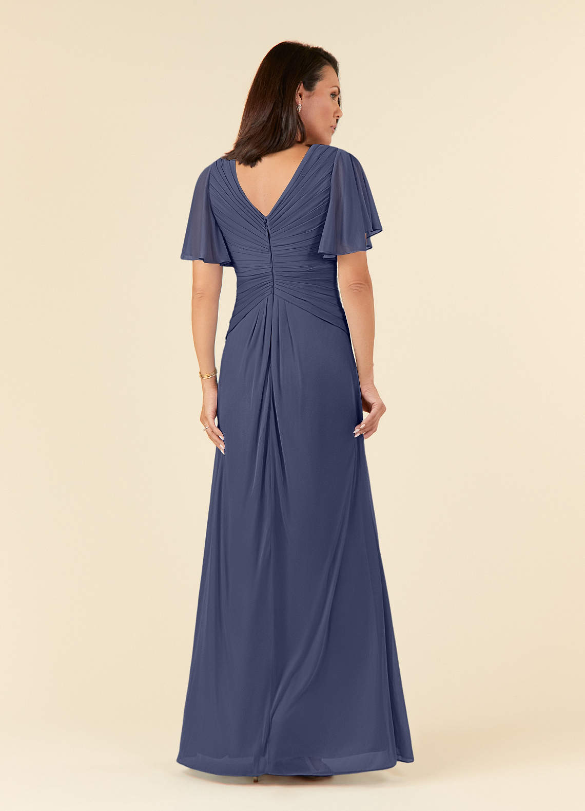 Azazie Emmeline Mère de la mariée Robes Robe Trapèze en Maille Col V plissé Bleu Orageux image1