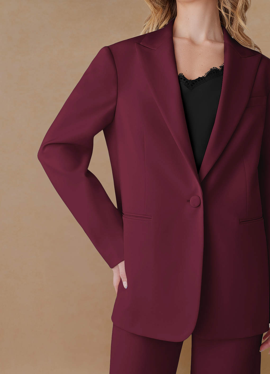 front Amelia Bourgogne Raffineret vævet performance oversized blazer