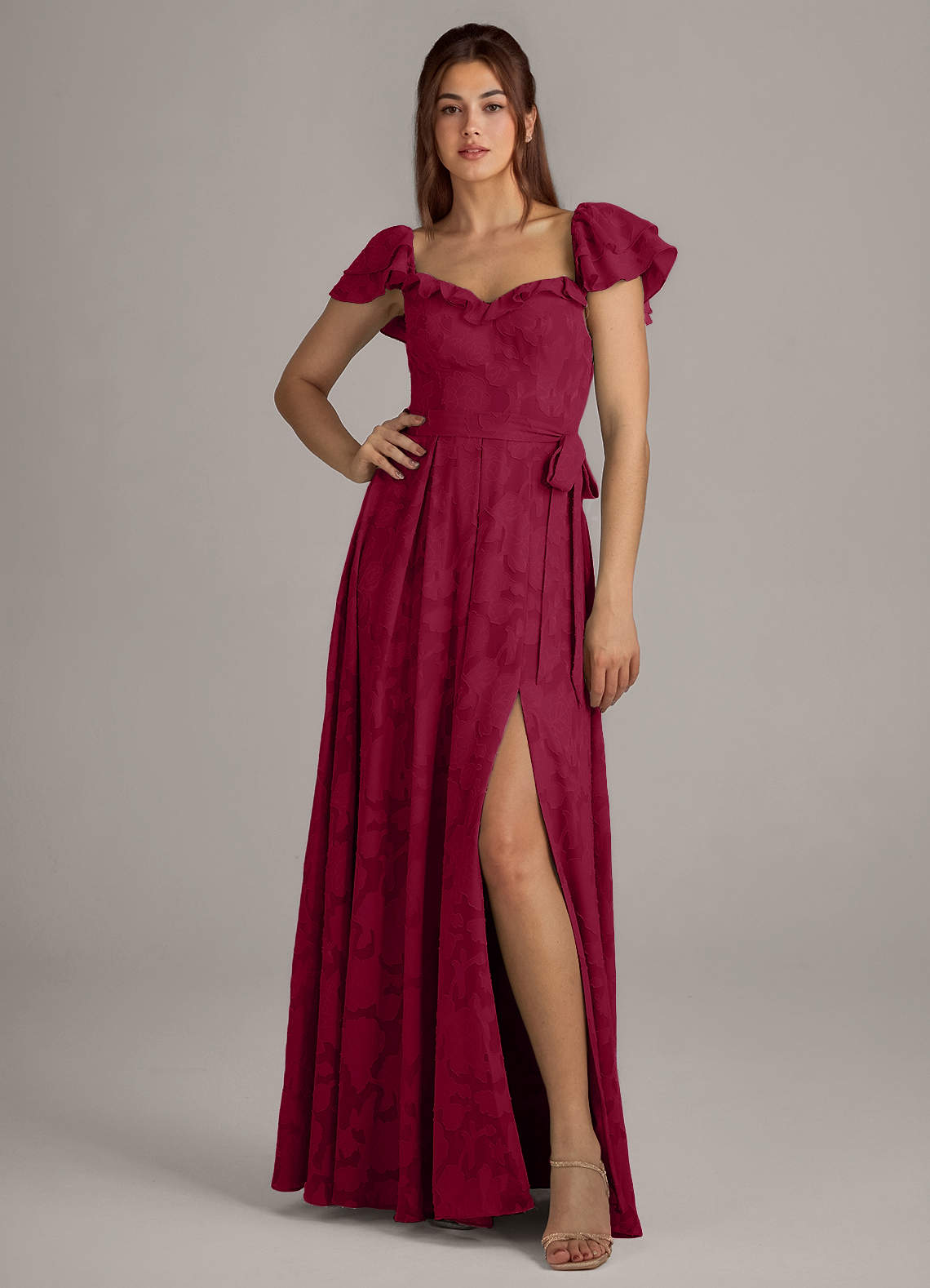 Azazie Aricella Bridesmaid Dresses Burgundy A-Line Corset Floral Burnout Dress image1