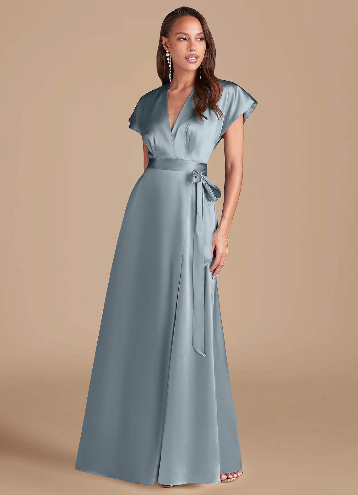 Azazie Nico Bridesmaid Dresses Dusty Blue A-Line Pleated Metallic Satin Dress image1