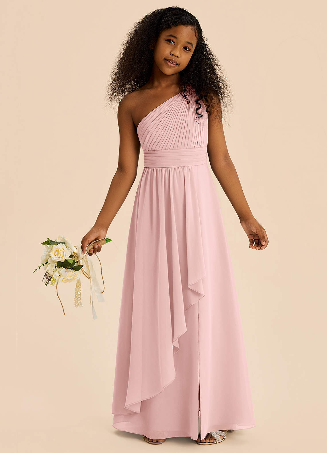 Azazie Skye Junior Powder Pink A-Line Pleated Chiffon Dress image1