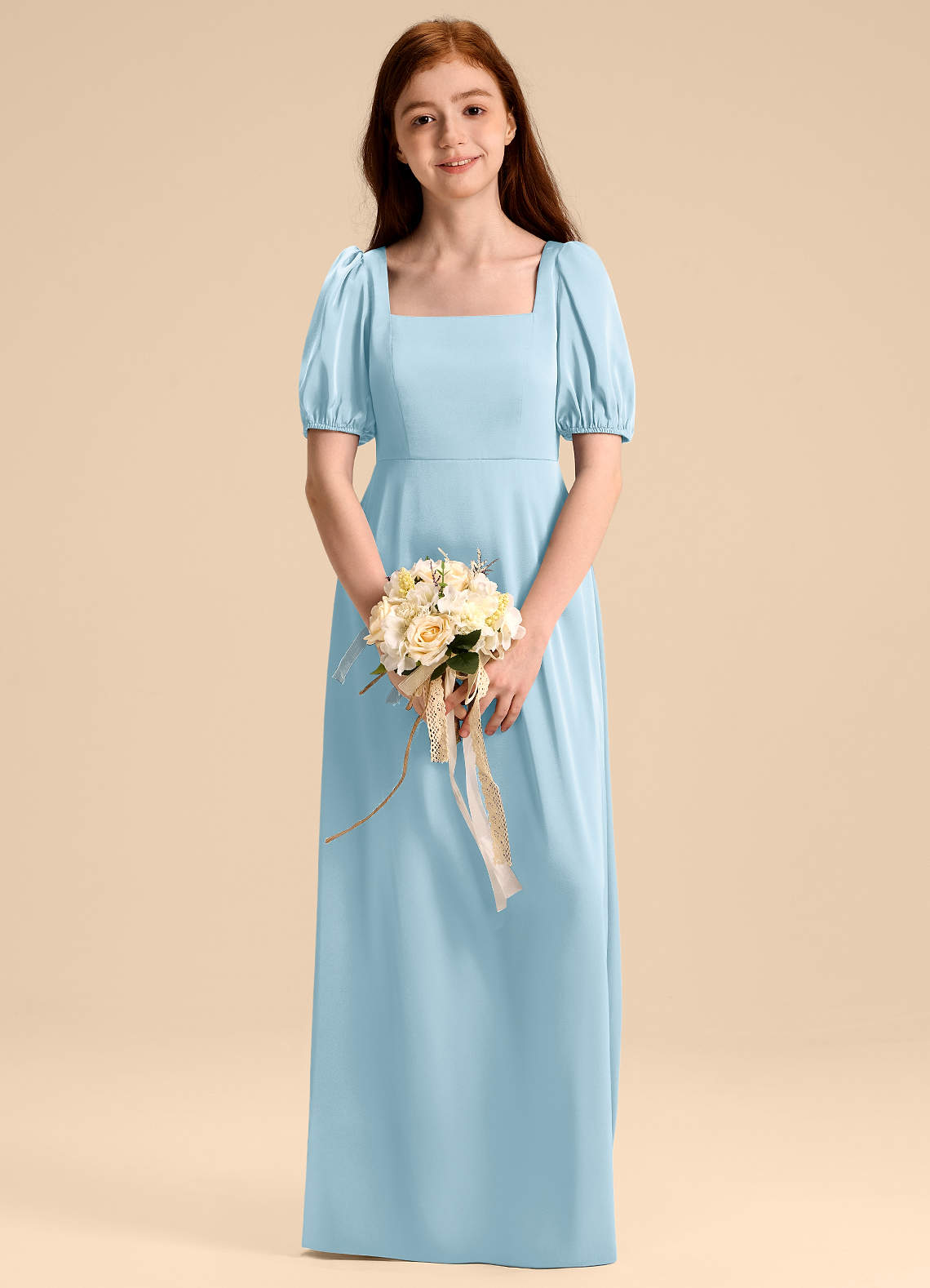 Azazie Briar Junior Vestido de Azul Cielo de Satén Elástico de Corte en A con Lazo image1