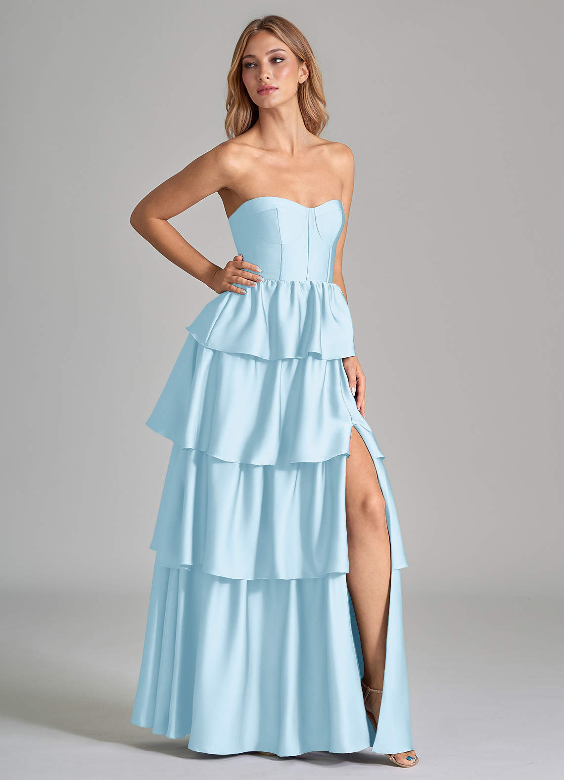Azazie Faye Bridesmaid Dresses Sky Blue A-Line Ruched Stretch Satin Dress image1