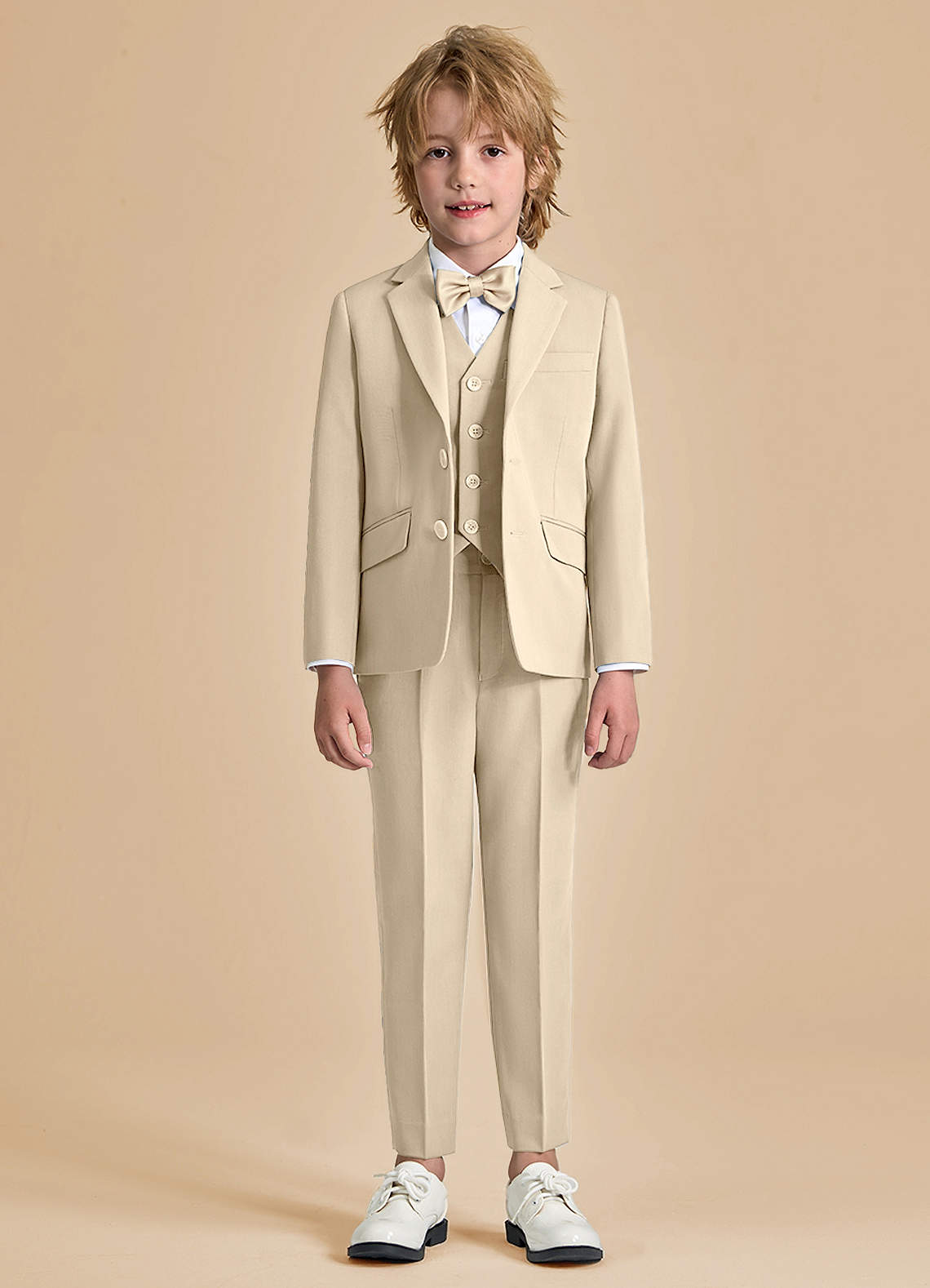 front Oliver Boys Tan 5-Piece Suit With Bow Tie
