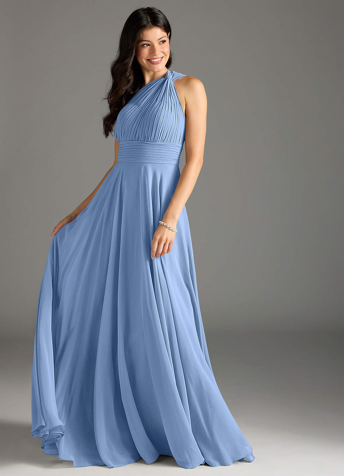 Azazie Charlize Bridesmaid Dresses Steel Blue A-Line One Shoulder Chiffon Dress image2