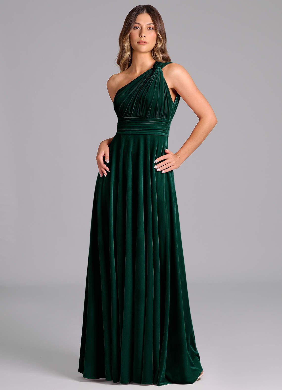 Azazie Charlize Bridesmaid Dresses Emerald A-Line One Shoulder Velvet Dress image4