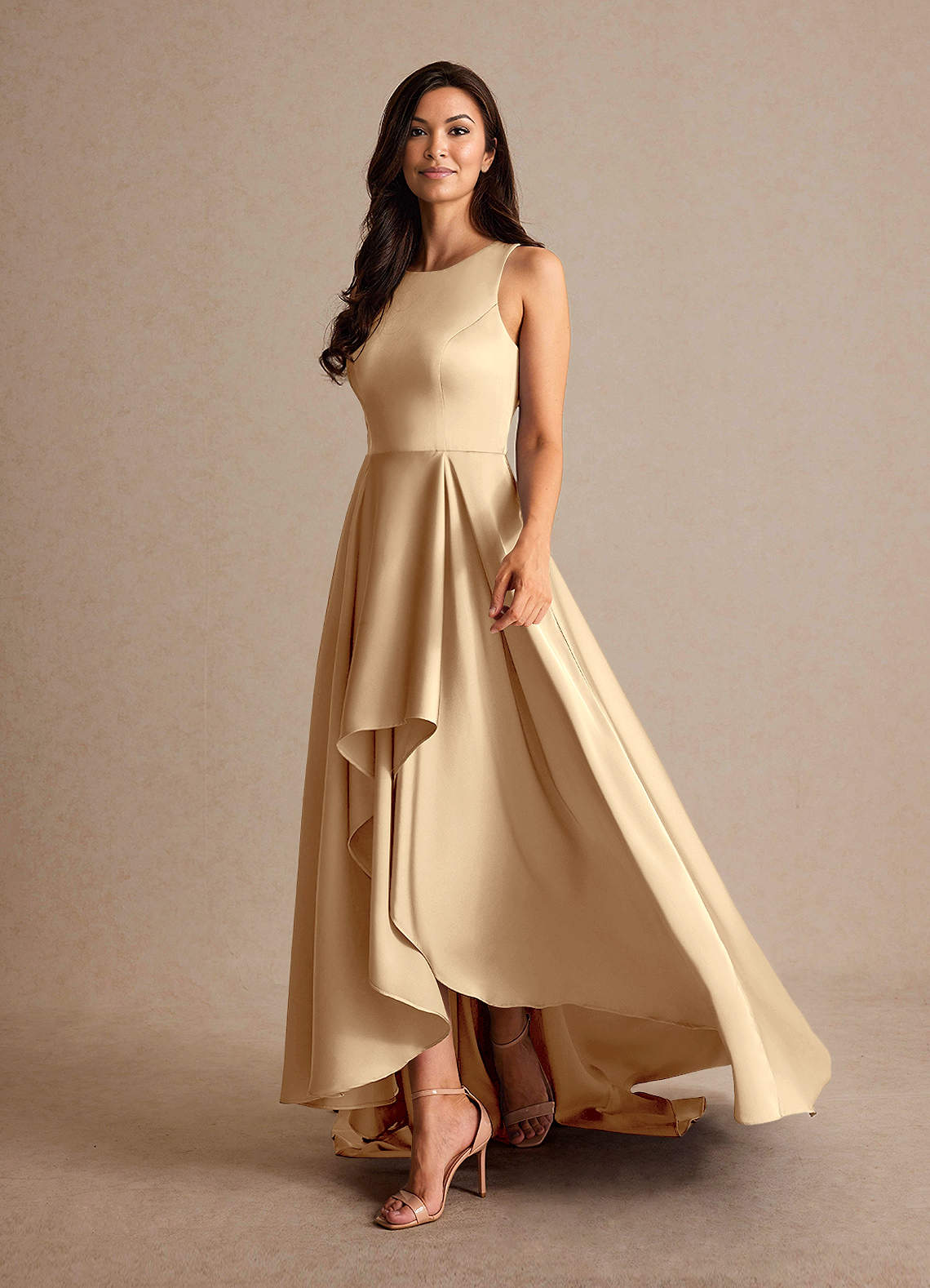Azazie Niles Champagne A-Line Trains Stretch Satin Dress Ready to