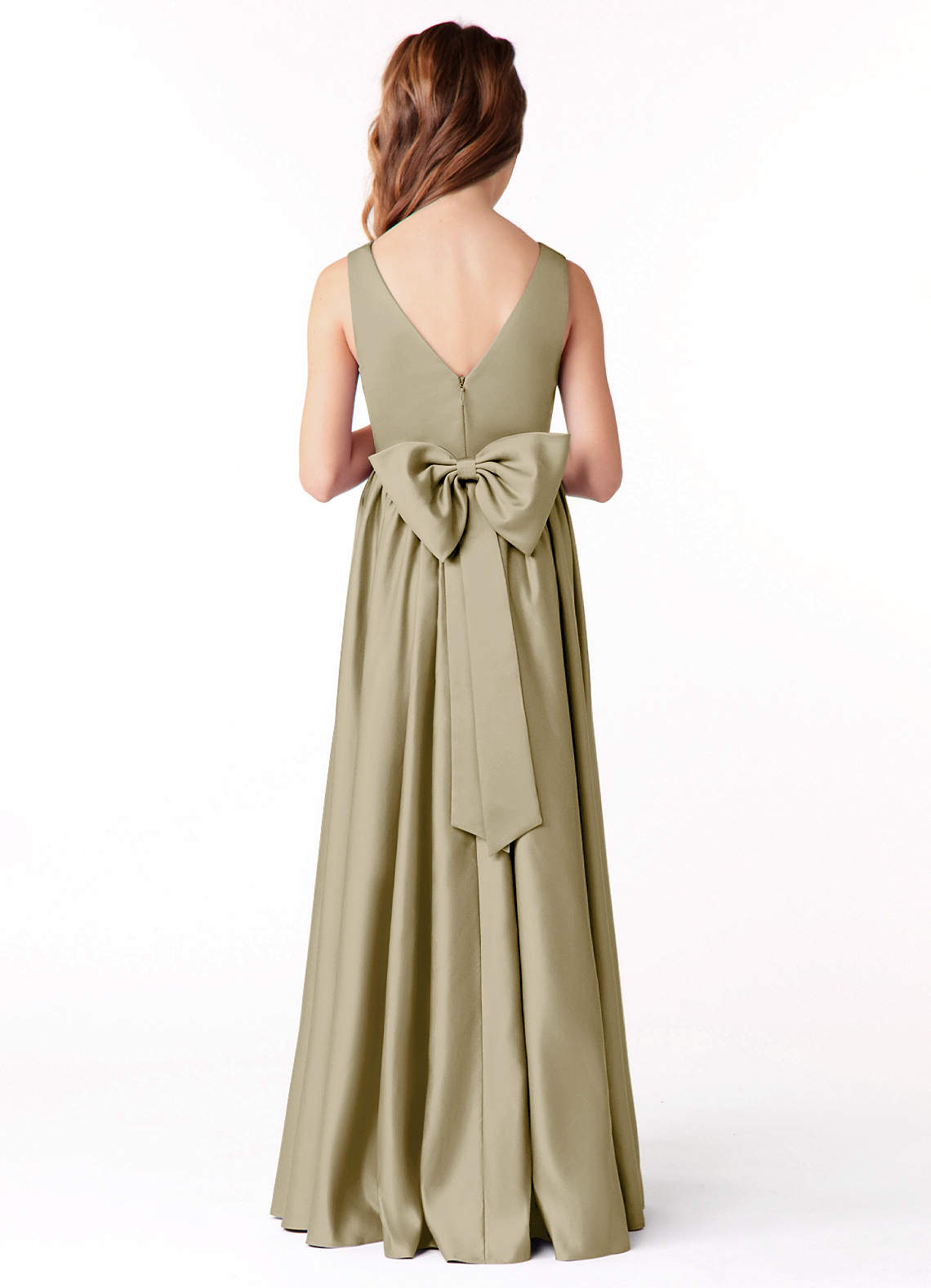 Azazie Hathaway Junior Moss Green A-Line Bow Stretch Satin Dress image1
