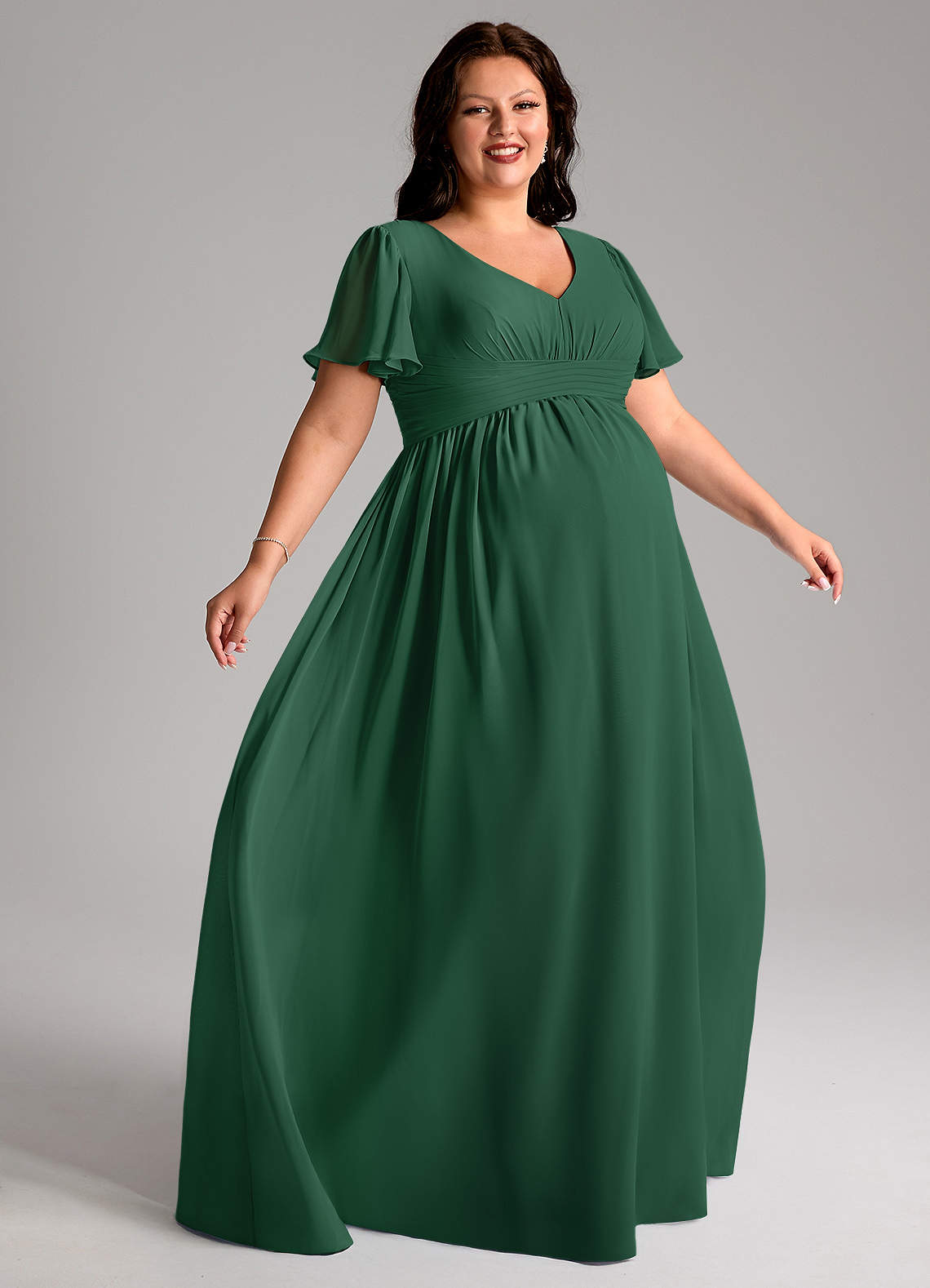 Azazie Verna vestidos de dama de honor de maternidad Vestido de Corte en A Cuello en V fruncido Hasta el suelo Gasa image8