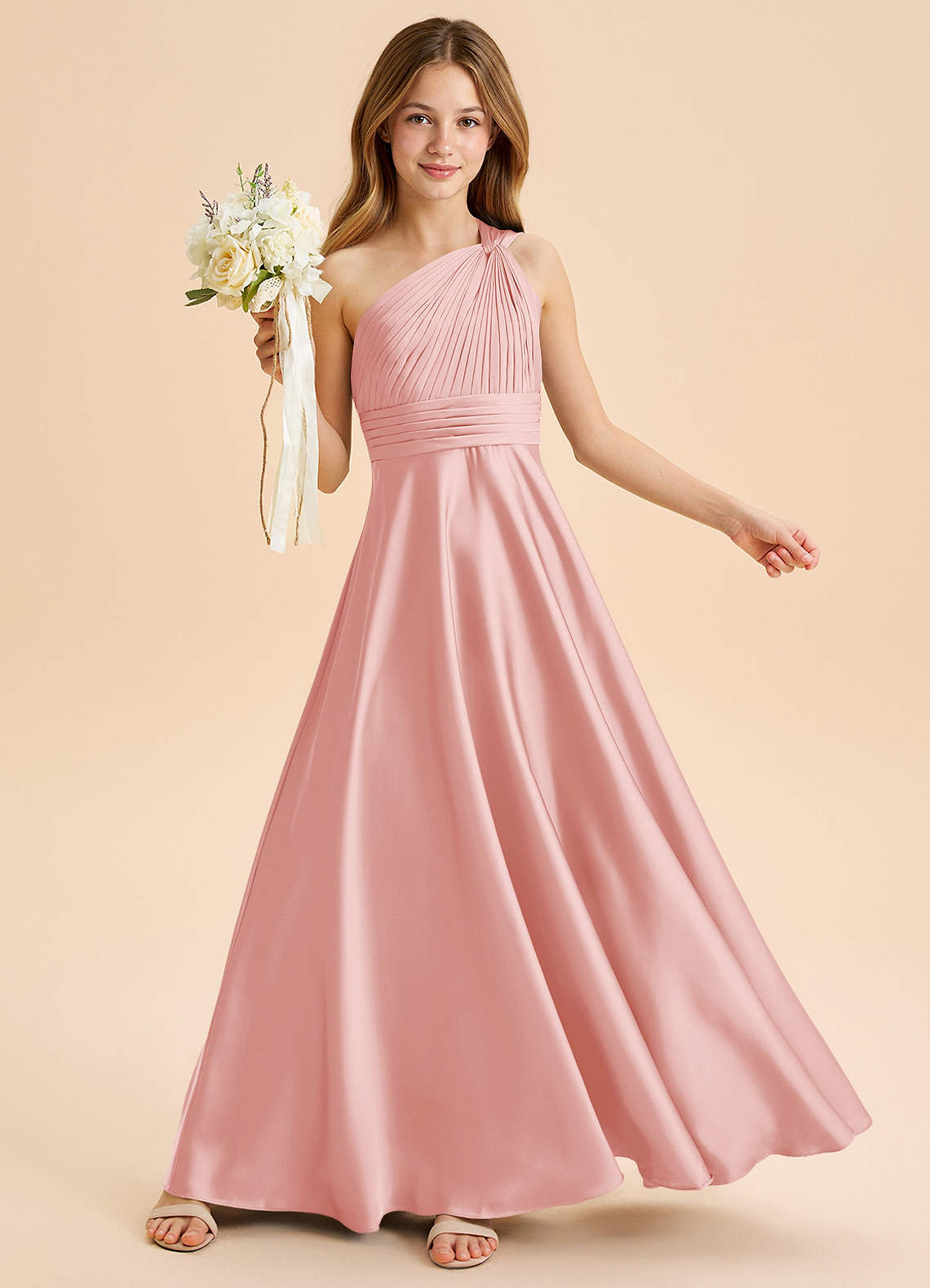 Azazie A-Line/Princess One-Shoulder Floor-Length Stretch Satin Junior Bridesmaid Dresses