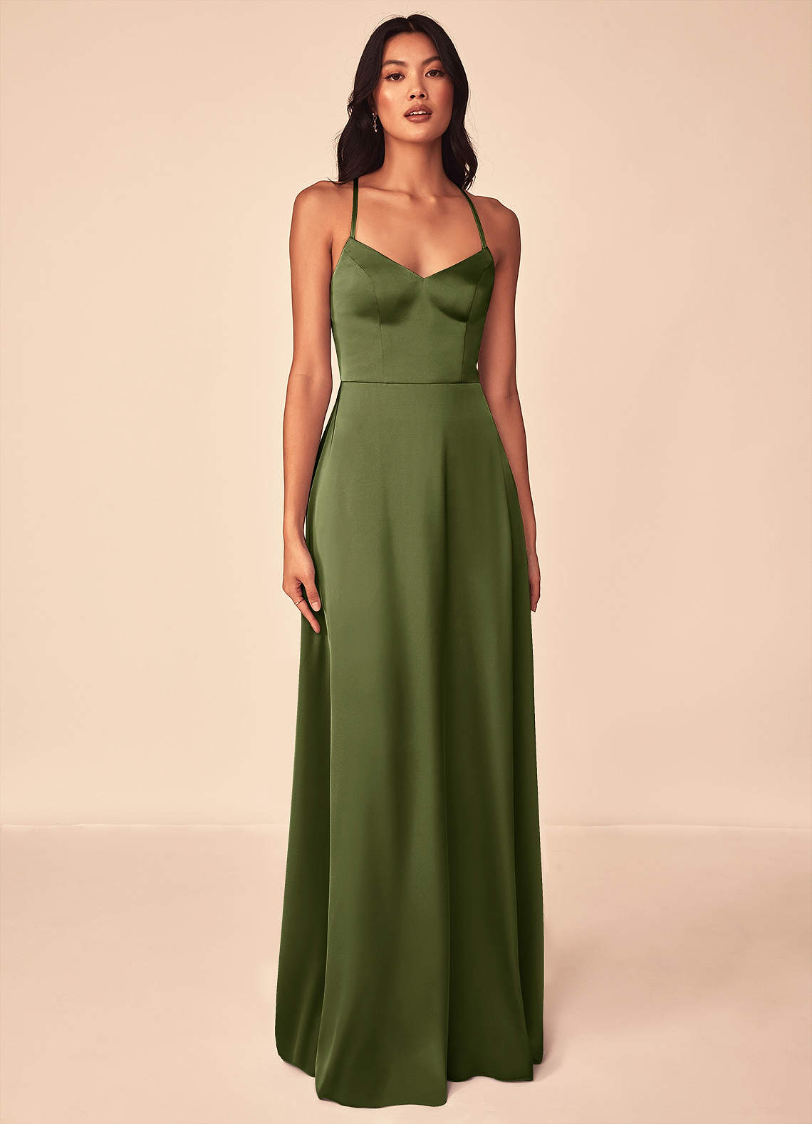 Azazie Mei Brautjungfernkleider A-Linie V-Hals Stretch-Satin Kleid Olivgrün image1