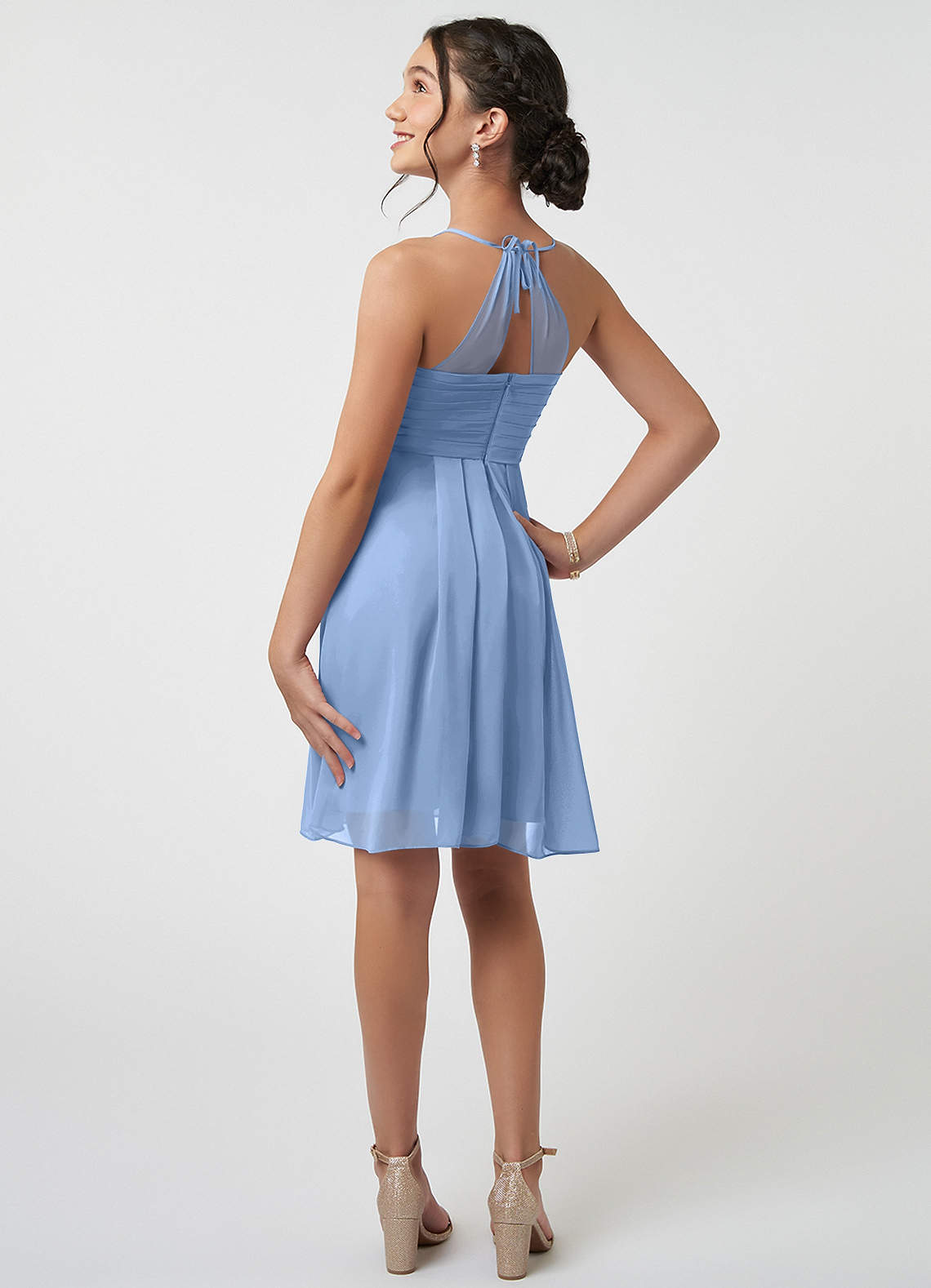 Azazie Ginny Junior Steel Blue A-Line Pleated Chiffon Dress image3