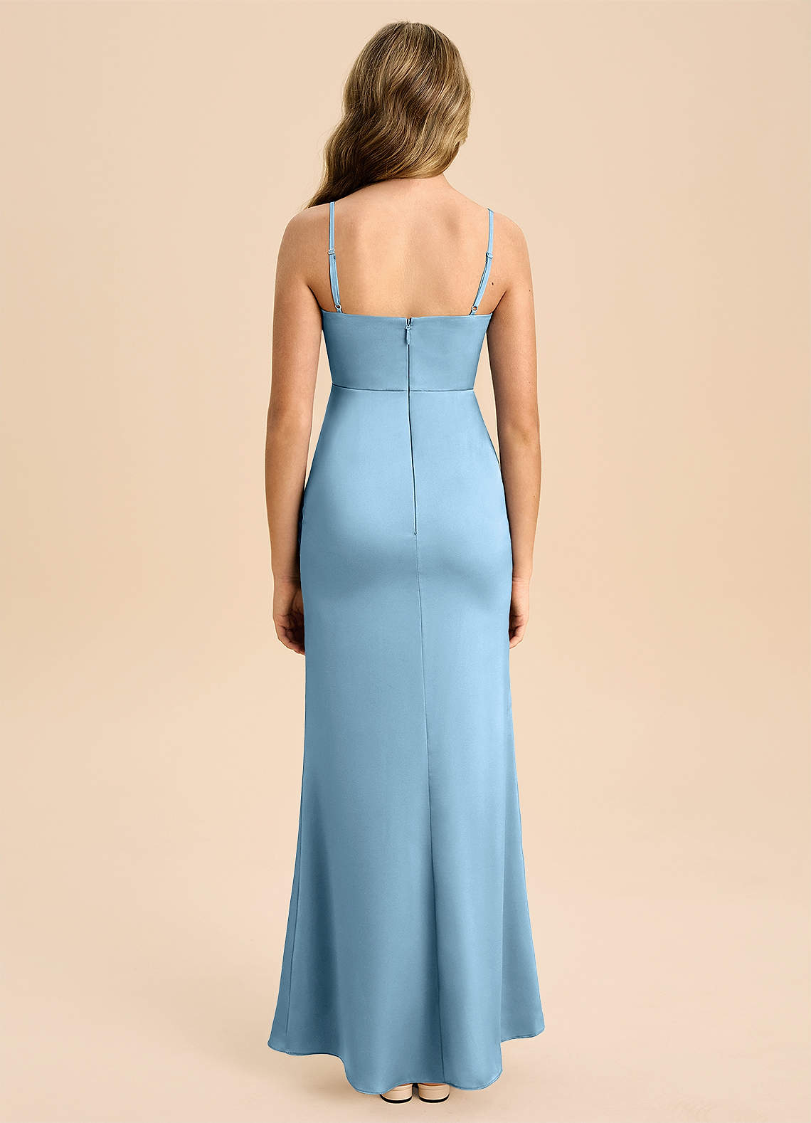 Azazie Buzzy Junior Skede Plisseret Stræk satin Gulv-længde Junior brudepige Kjole image1