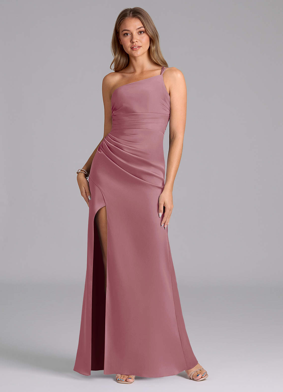 Azazie Eren Bridesmaid Dresses Vintage Mauve Mermaid One Shoulder Stretch Satin Dress image1