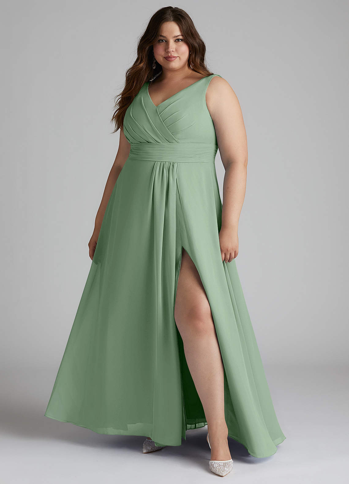 Azazie Karina Bridesmaid Dresses Matcha A-Line Pleated Chiffon Dress image1