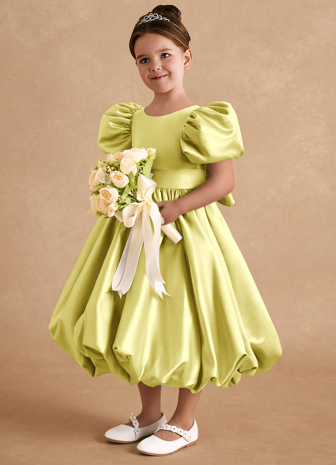 Azazie Jellybean Flower Girl Dresses Lemon Sorbet Ball-Gown Ruched Matte Satin Dress image1