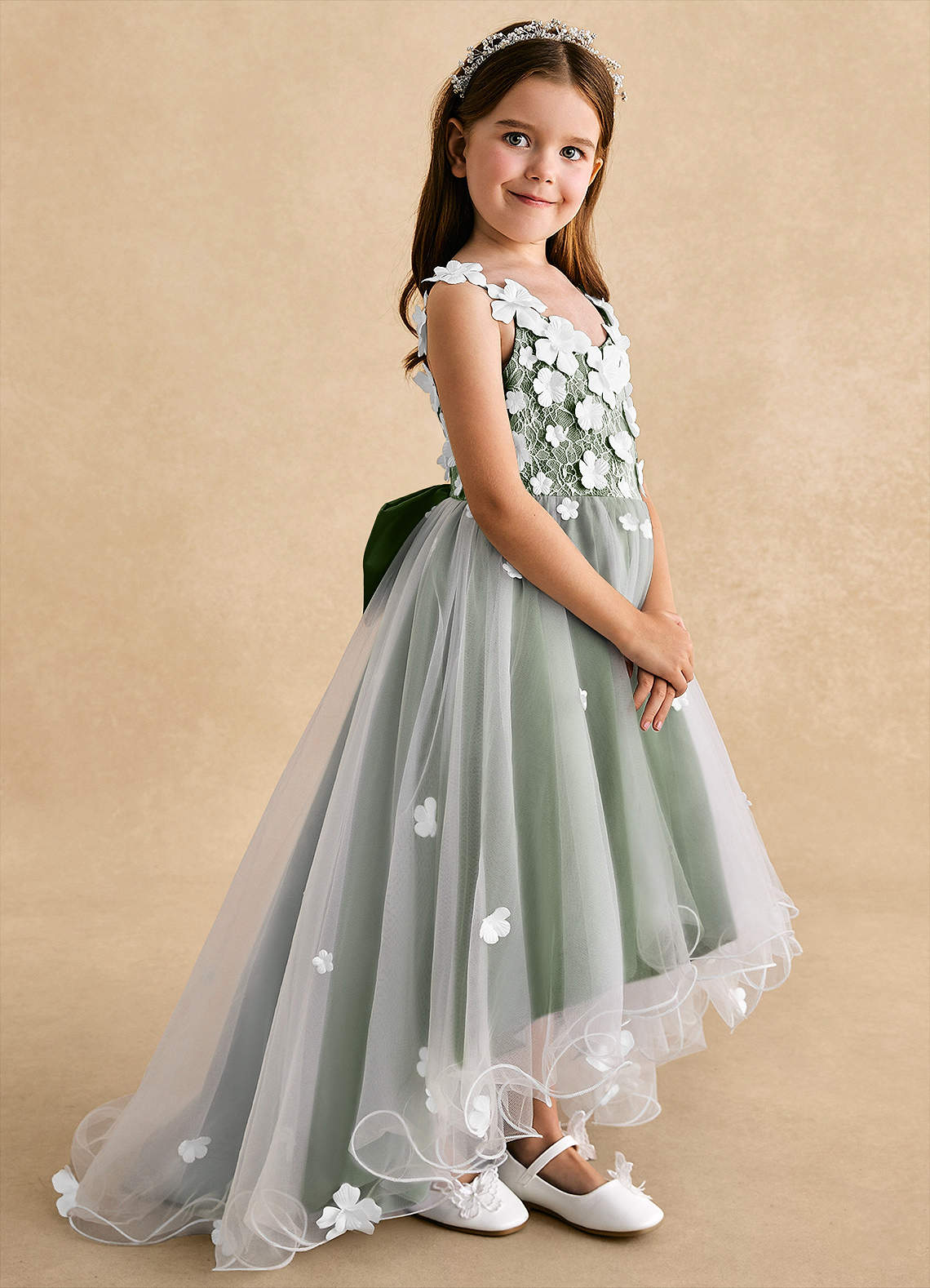 Azazie Celia Flower Girl Dresses Olive A-Line Lace Tulle Dress image2