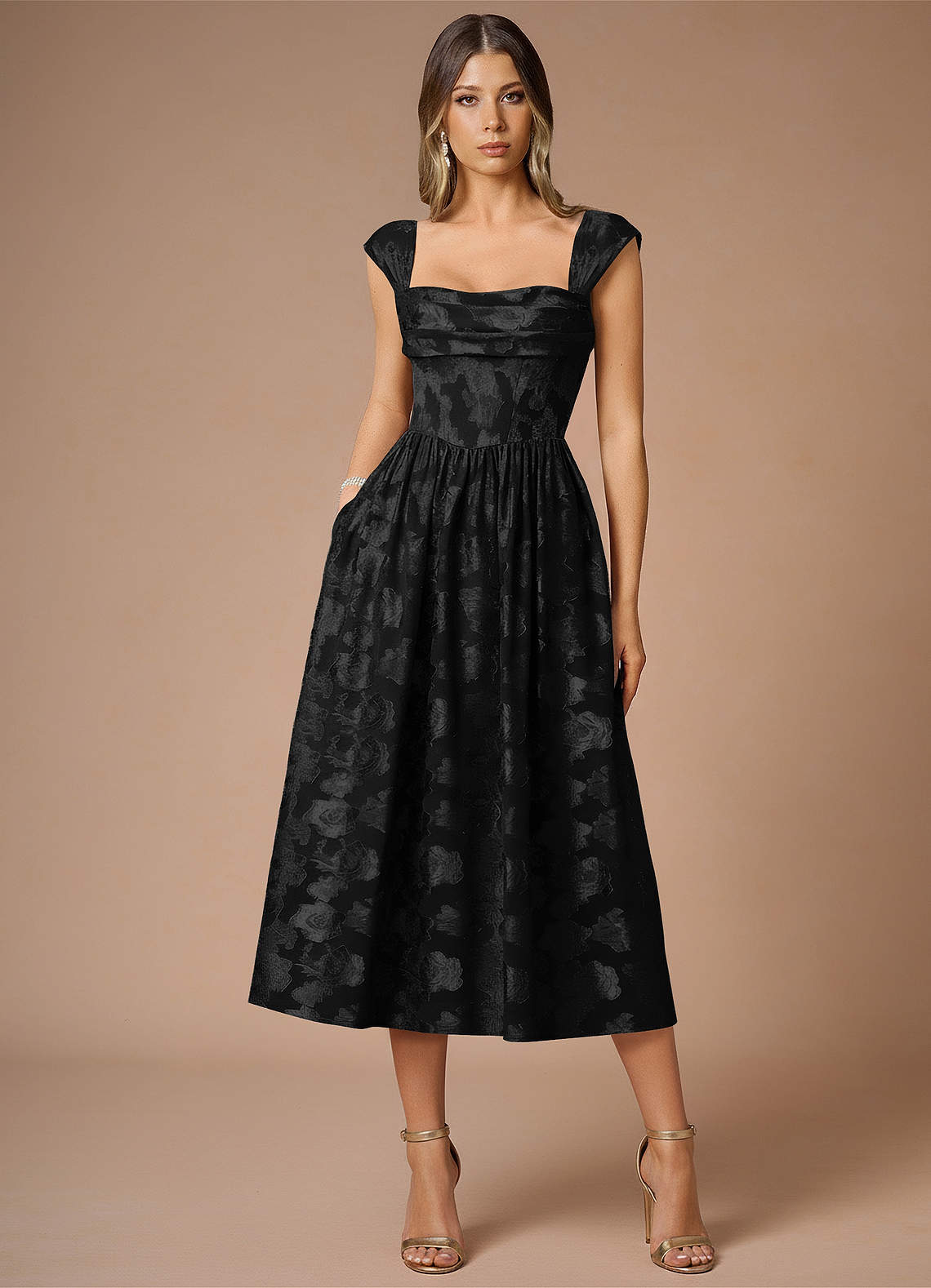 Azazie Midi Dresses A-Line Wedding Guest Dresses Square Black