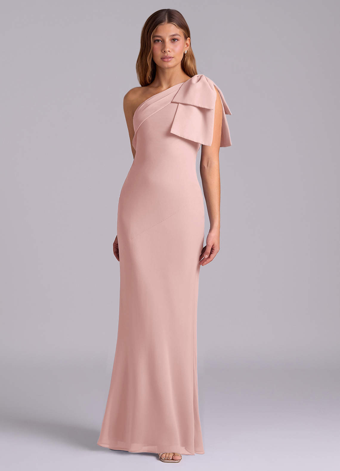 Azazie Yuanna Bridesmaid Dresses Powder Pink Mermaid One Shoulder Chiffon Dress image4