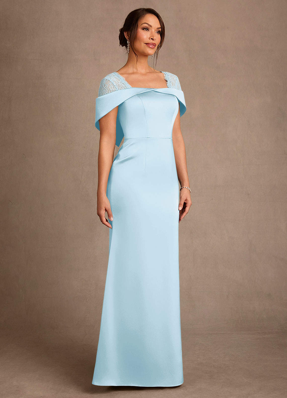 Azazie Henrieta Mother of the Bride Dresses Sky Blue Sheath Lace Stretch Satin Dress image2