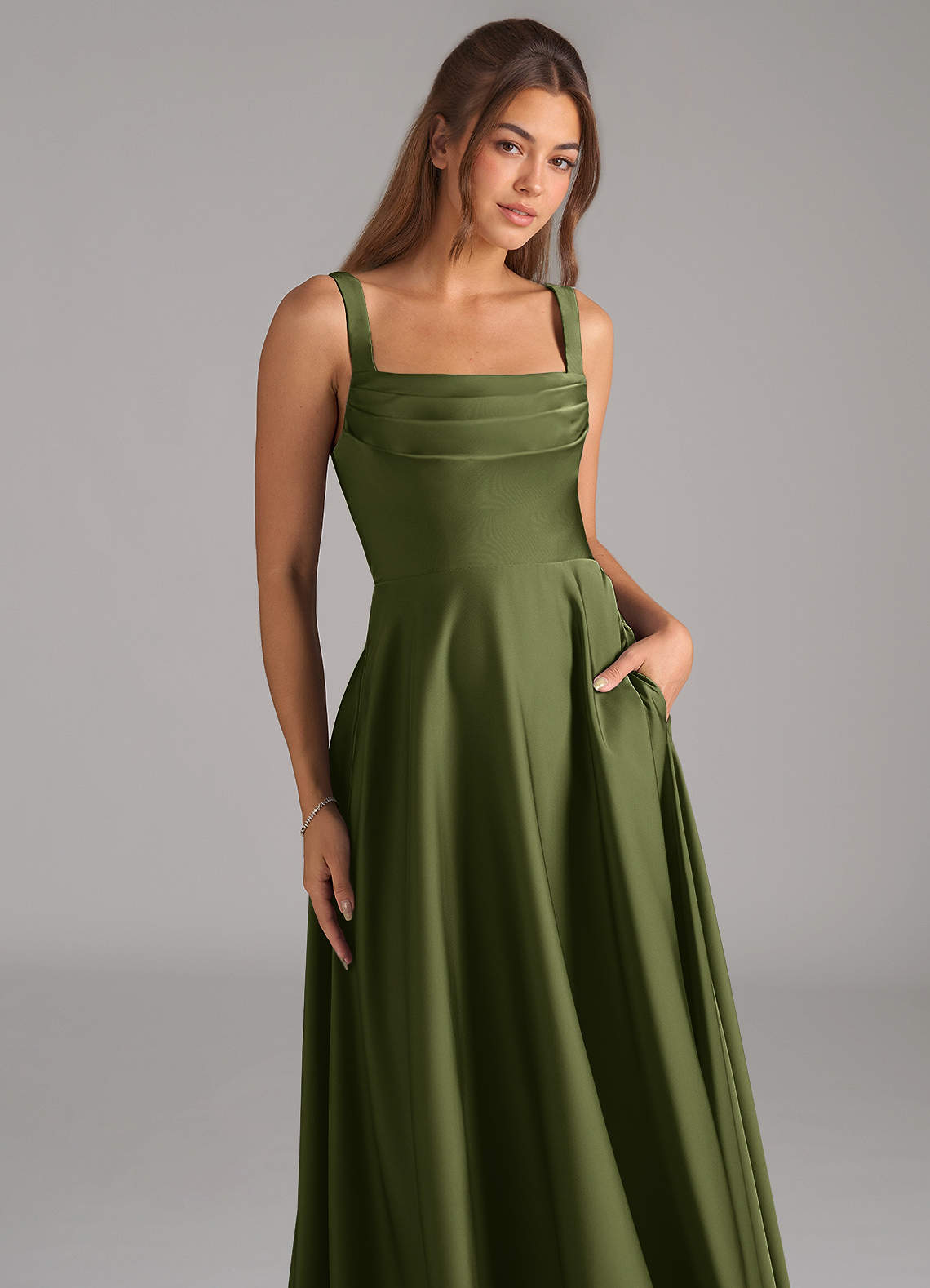 Azazie Shaude Bridesmaid Dresses Olive A-Line Pleated Stretch Satin Dress image1