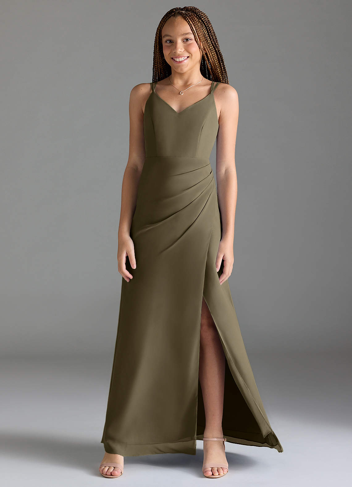 Azazie Leo Junior Willow Green Mermaid Pleated Chiffon Dress image1