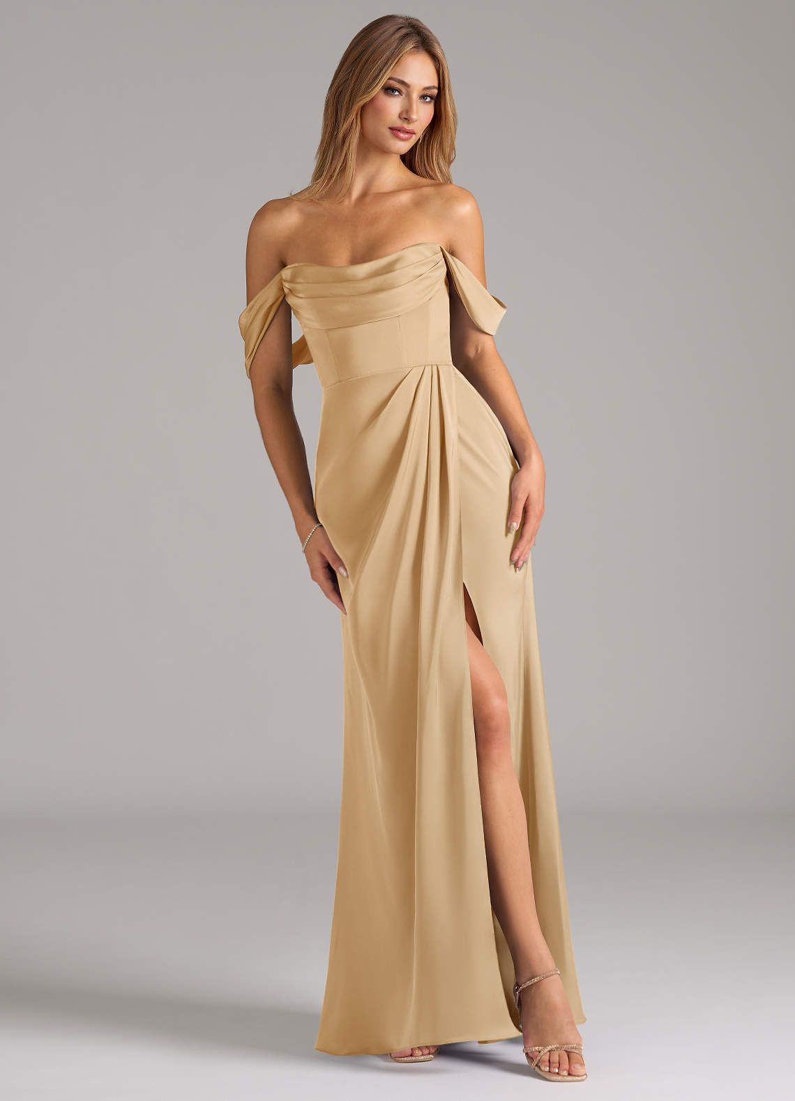 off the shoulder gold bridesmaid dresses Vintage Off Shoulder Gold Satin Draped Evening Gown