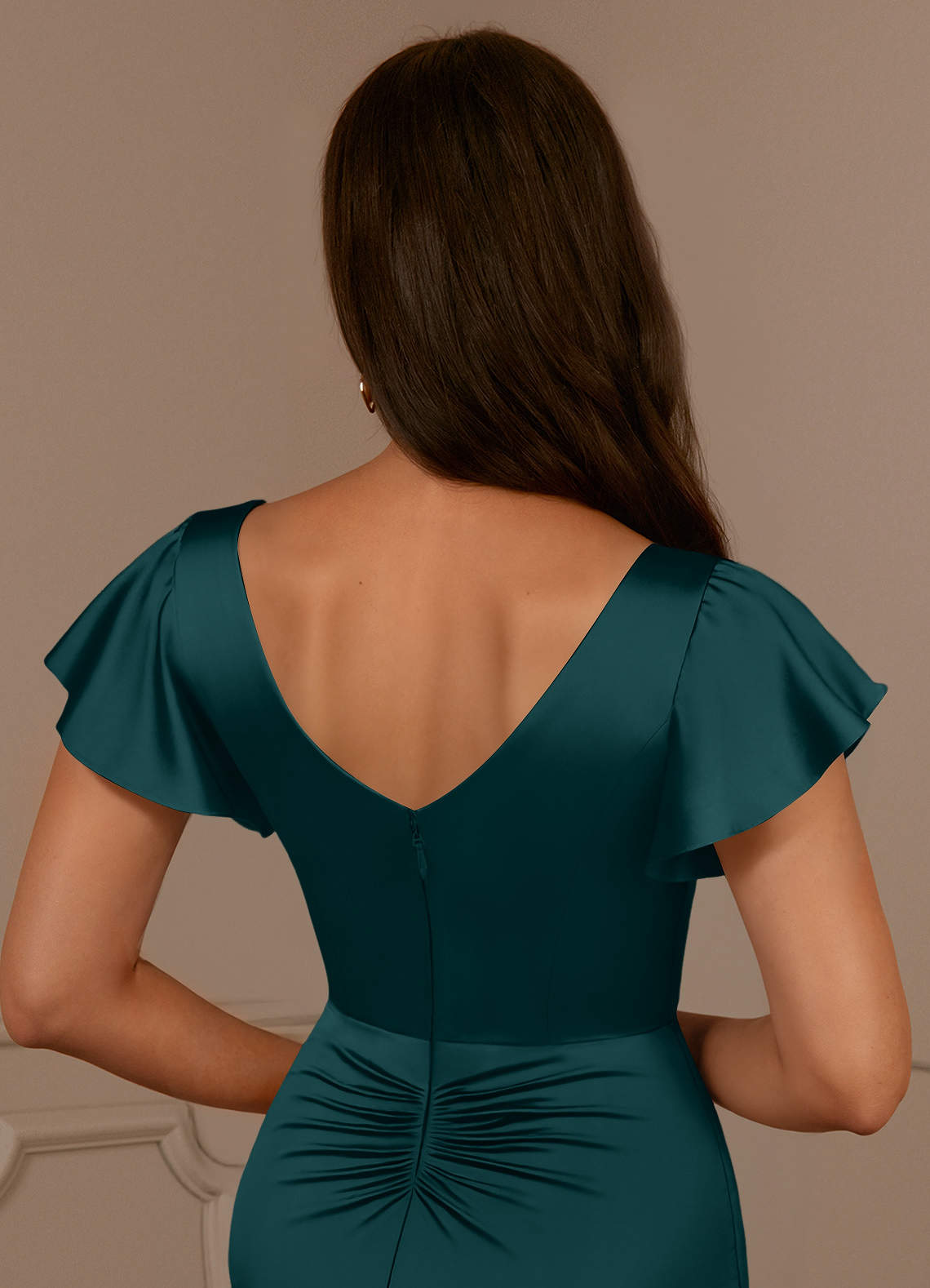 Azazie Roya Mother of the Bride Dresses Pine Mermaid V-Neck Pleated Stretch Satin Dress image5