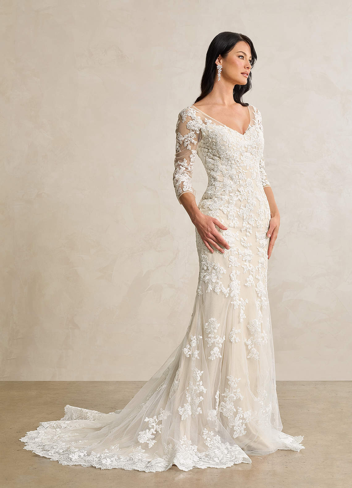 Azazie Neela Hochzeitskleider Meerjungfrau-Linie V-Hals Spitze Tüll Kleid Diamantweiß Champagner image1