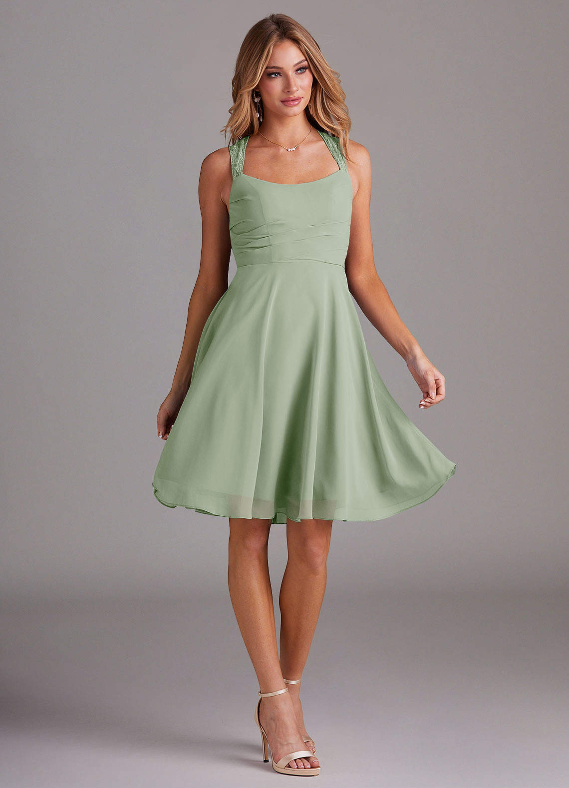 garden party cocktail dress Sage Green Short Tulle Bridesmaids Dress YW1713 main image 0