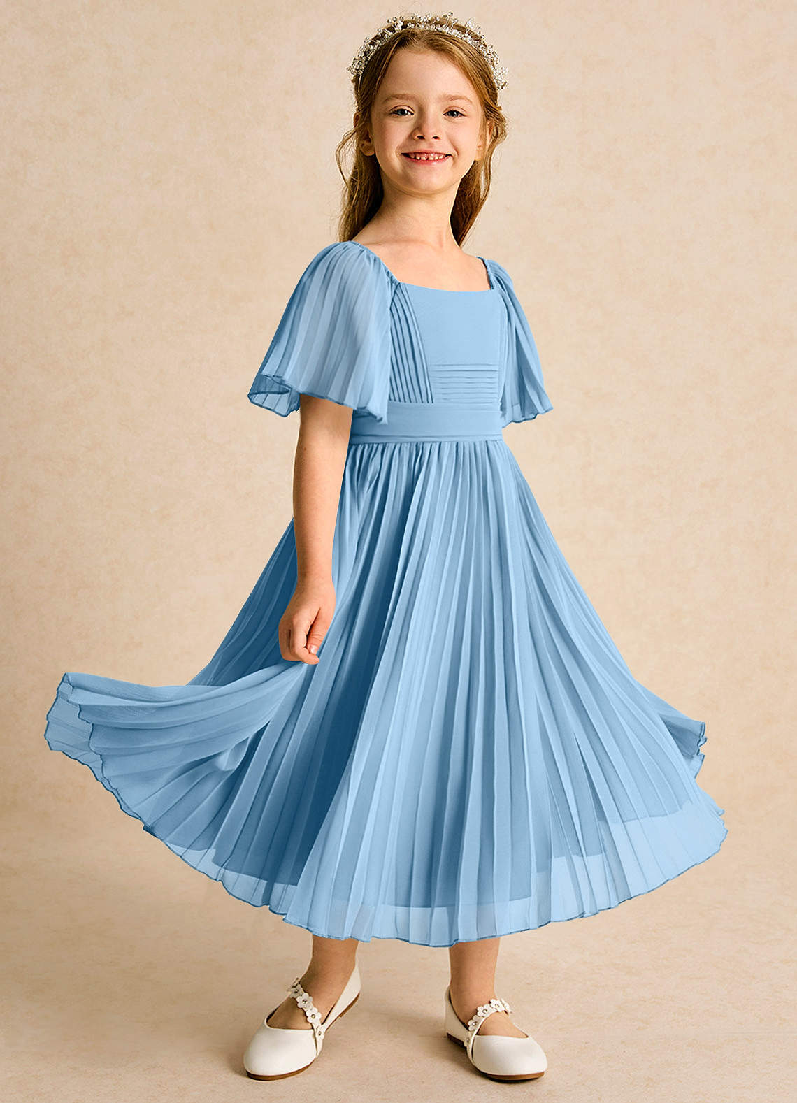 Azazie Gisele Abiti da Ragazza di Fiori Abito A-Line in Chiffon Plissettato Blu Acciaio image1