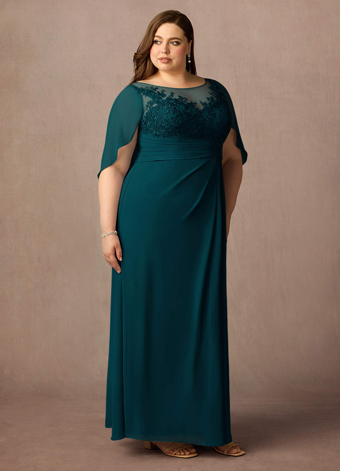 Azazie Hera Pine A-Line Lace Capelet Chiffon Dress | Azazie
